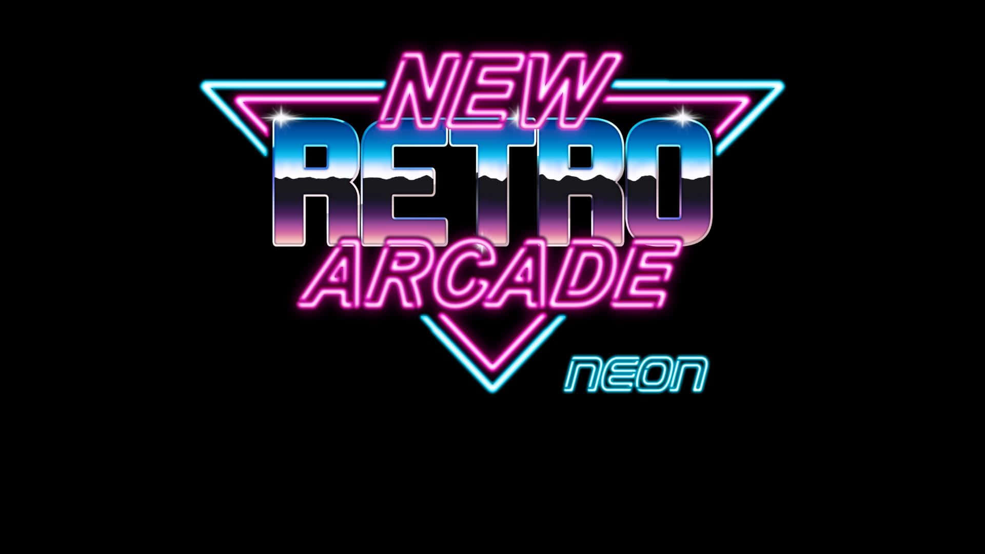 Arcade Aesthetic 桌布 壁紙 — 鮮豔的霓虹燈牌寫著「NEW RETRO ARCADE」，採用80年代粗體風格，帶有粉紅、藍色和紫色漸層，背景為黑色。