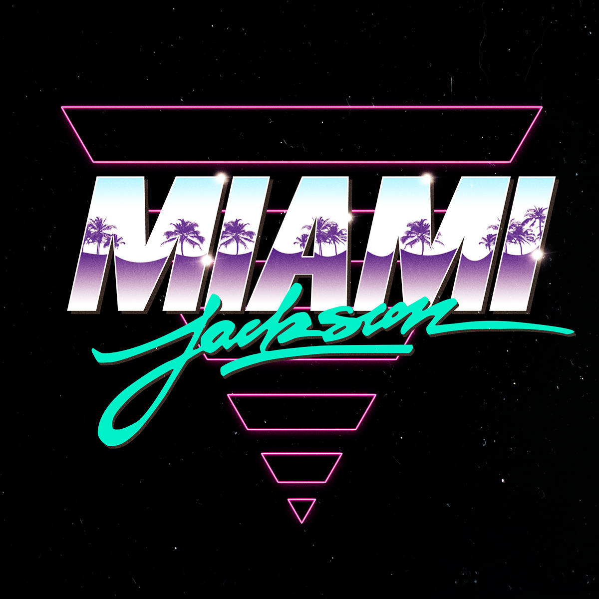 Miami 桌布 壁紙 — 鮮豔的霓虹燈牌拼出「MIAMI」，字母內有棕櫚樹剪影，背景是星空夜空。