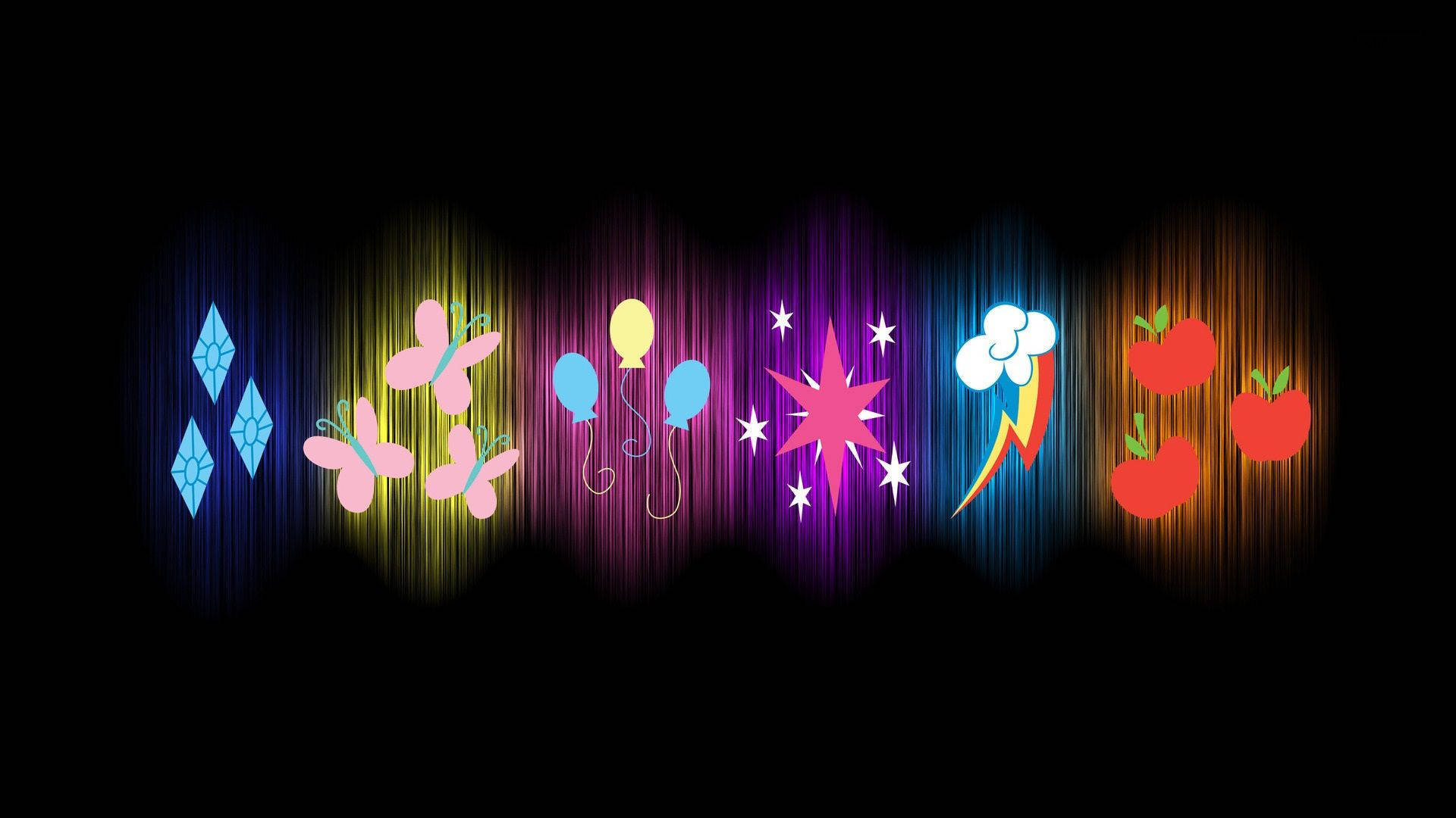 My Little Pony Desktop 桌布 壁紙 — 鮮豔的霓虹符號，如鑽石、蝴蝶、氣球和蘋果，在帶有垂直光線條的深色背景上發光。