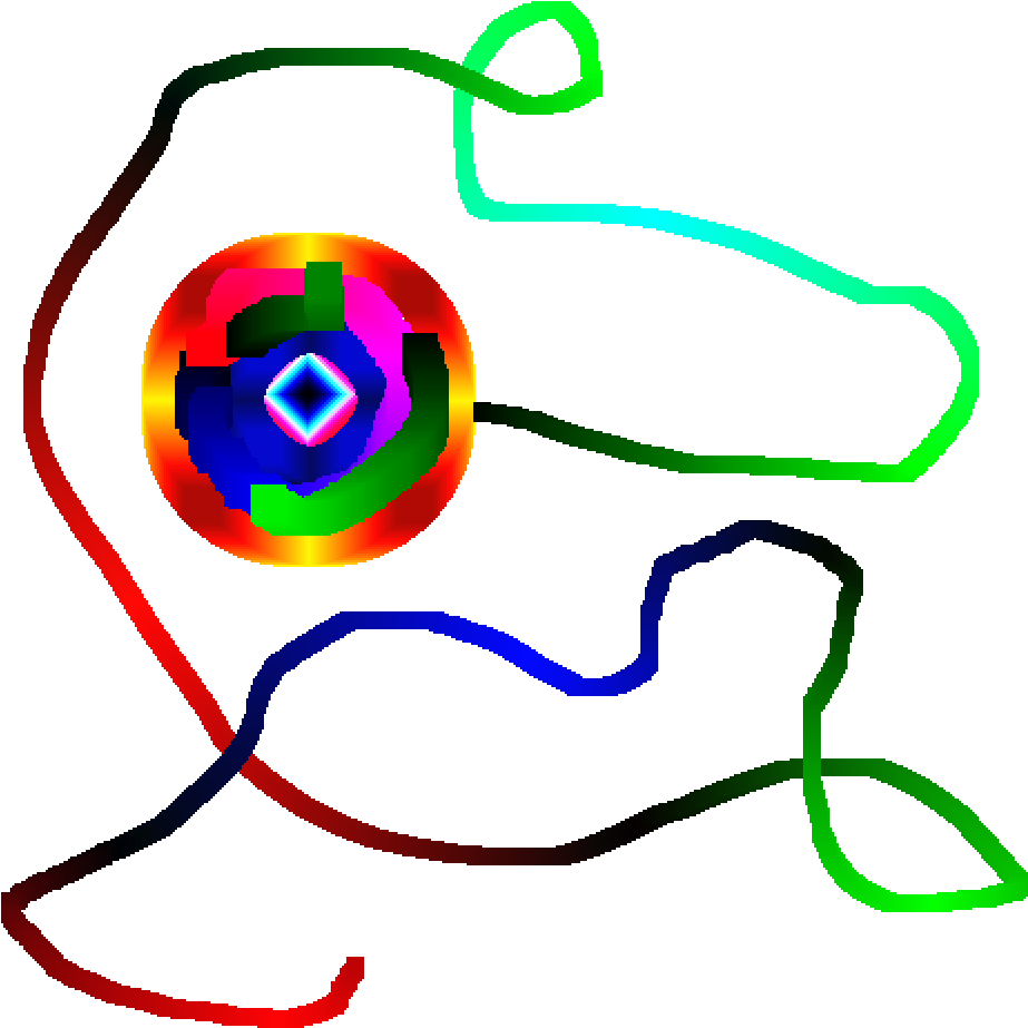 yoyo 桌布 壁紙 — 鮮豔的霓虹線條在黑色背景上圍繞著發光的彩色幾何核心旋轉。