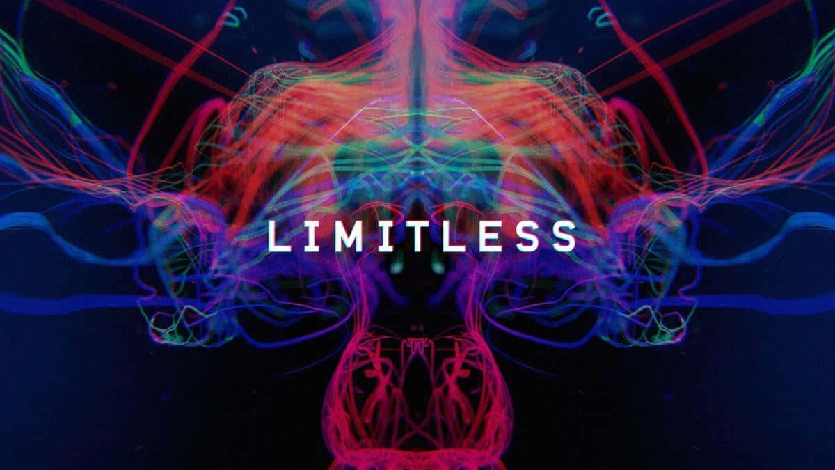 Limitless 桌布 壁紙 — 鮮豔的霓虹能量流在黑暗背景上以對稱圖案圍繞「limitless」一詞旋轉。