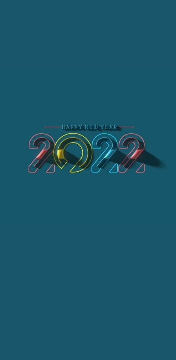 新年快樂 桌布 壁紙 — 鮮豔的霓虹色2022文字，上方有「happy new year」，在青綠色背景上投射陰影。
