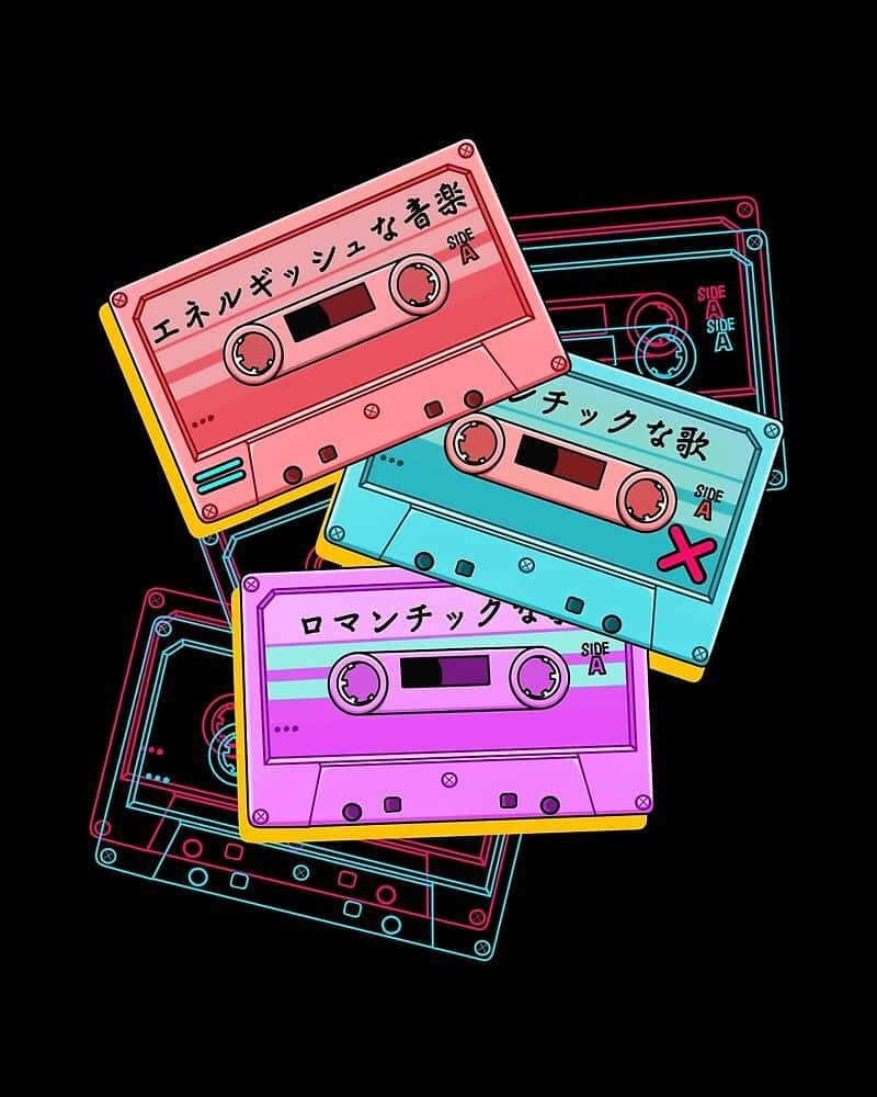 Mixtape 桌布 壁紙 — 鮮豔的霓虹色卡式帶帶有日文字句，在純黑背景上漂浮，呈現風格化的數位插圖。