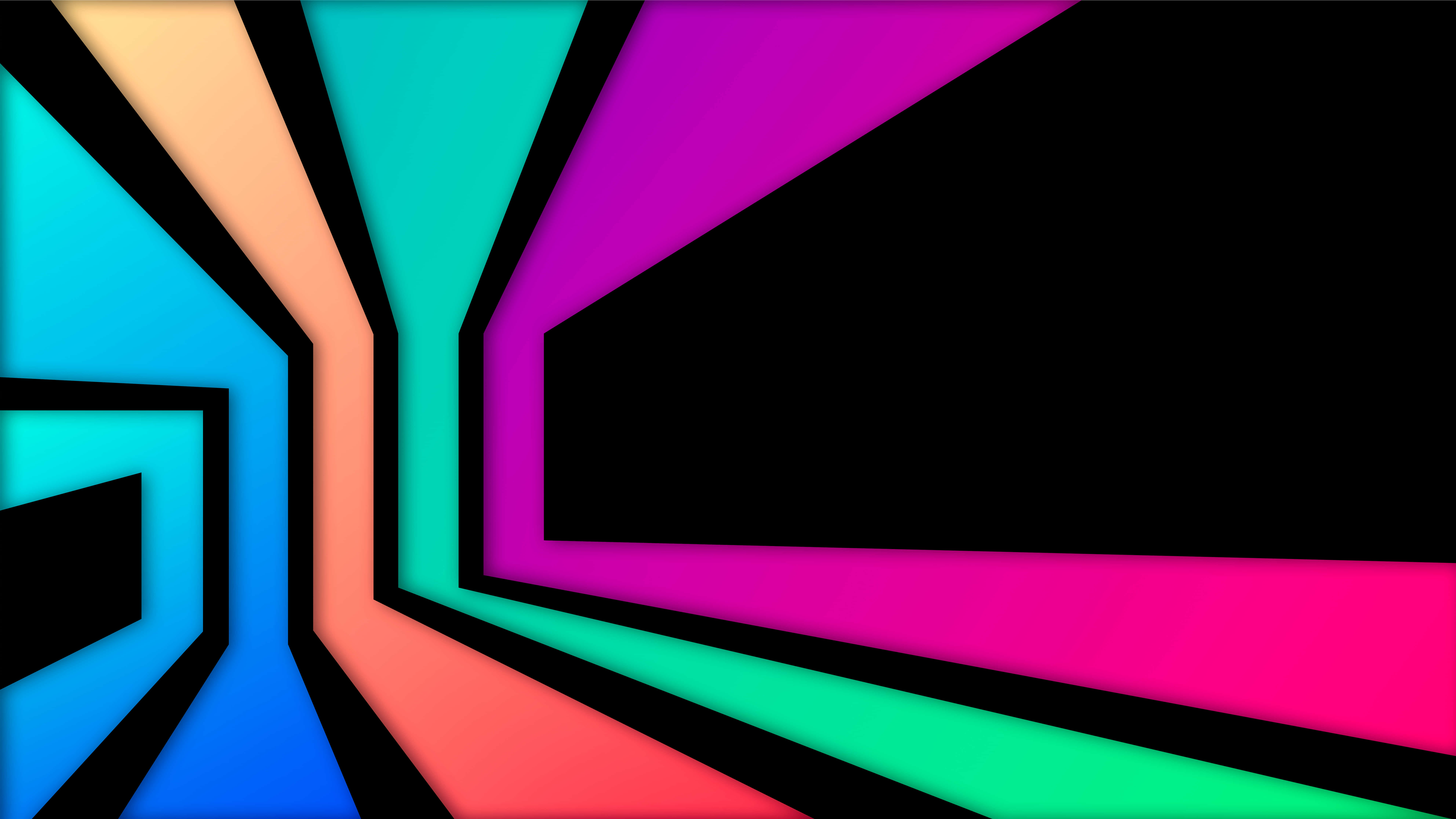 Minimalist Colorful 桌布 壁紙 — 鮮豔的霓虹色幾何形狀從中央黑色虛無向外輻射，構成大膽的數位抽象作品。