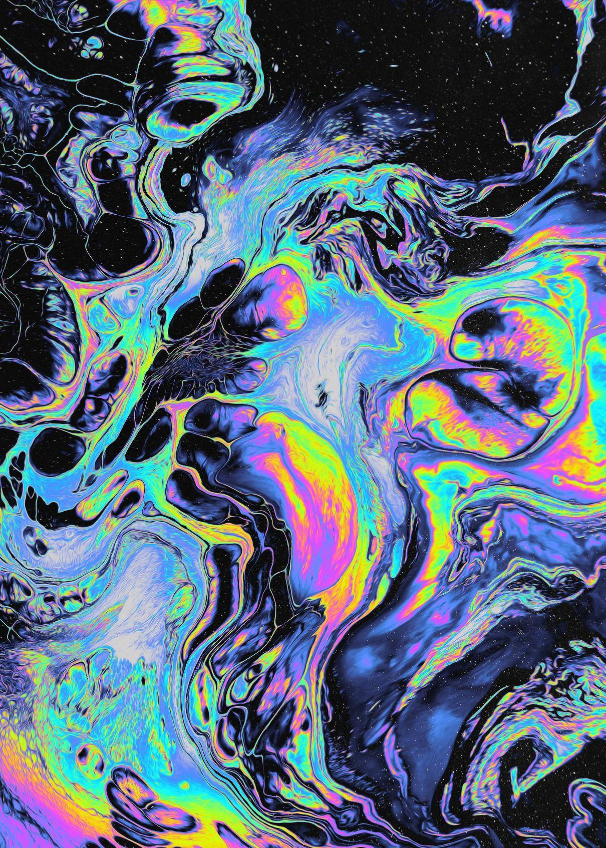 青色GIF 桌布 壁紙 — 鮮豔的霓虹色彩在星空黑色背景上旋轉成宇宙圖案，營造出迷幻的抽象效果。
