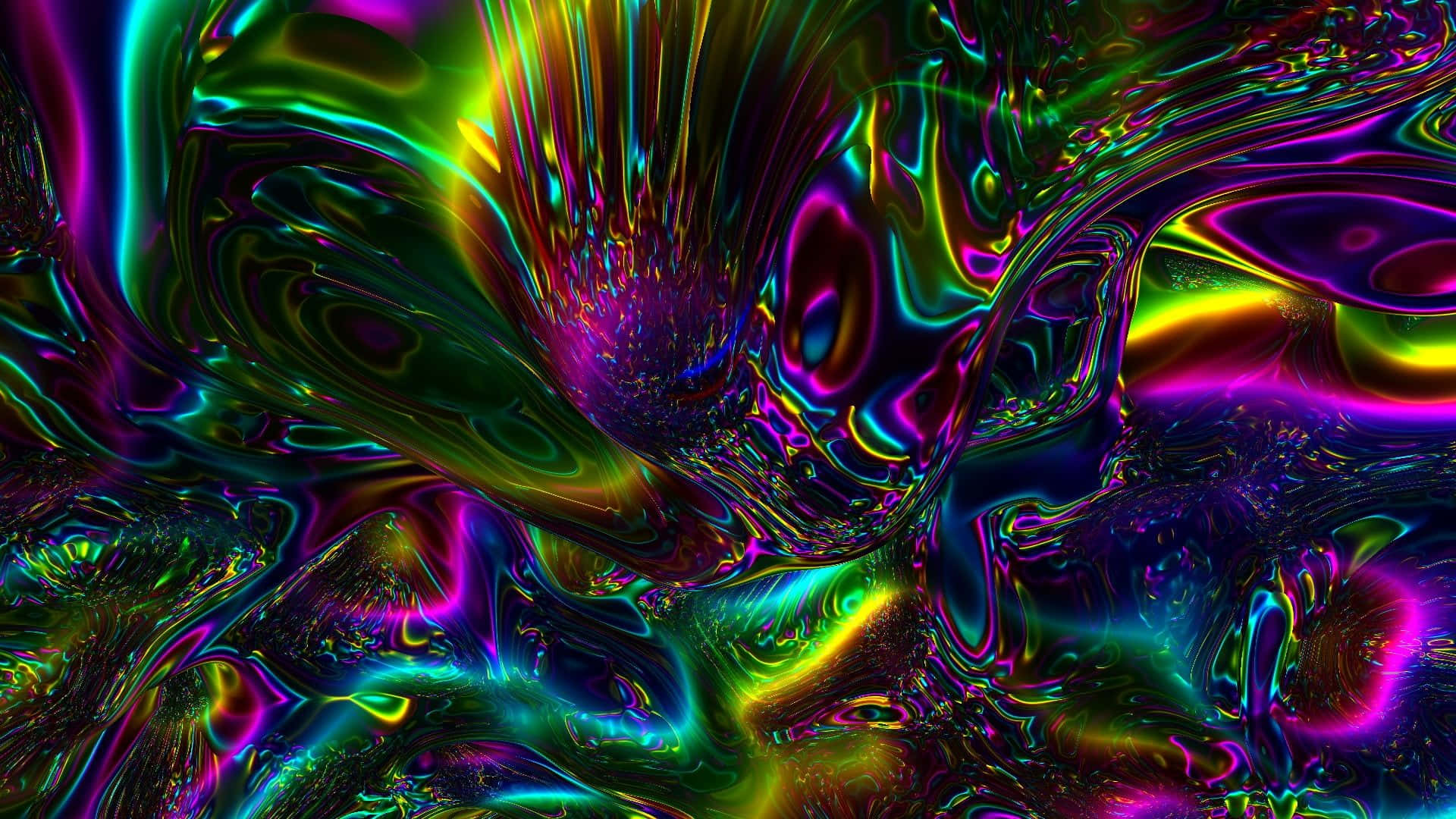 Psychedelic Colors 桌布 壁紙 — 鮮豔的霓虹色彩在流動的抽象圖案中旋轉，帶有發光的高光和深色陰影。