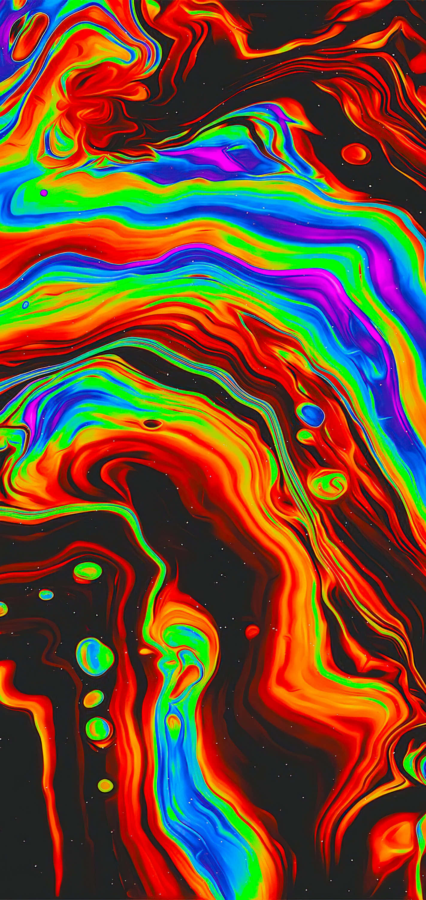 psychedelic art 桌布 壁紙 — 鮮豔的霓虹色彩在黑暗的宇宙背景上以流體運動旋轉，伴隨著發光的球體。