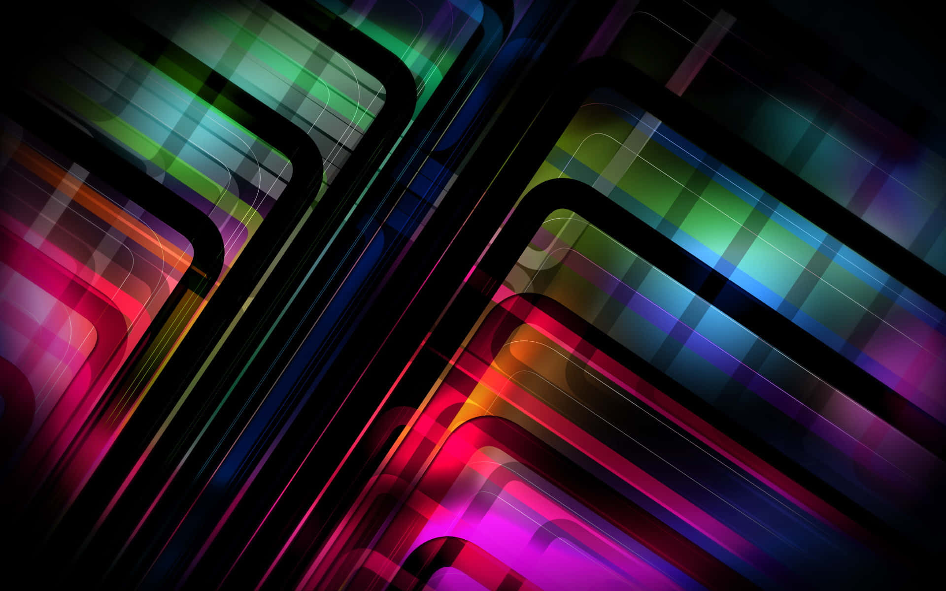 Cool Abstract 桌布 壁紙 — 鮮豔的霓虹色彩條紋在深色背景上對角流動，形成動態的數位抽象構圖。