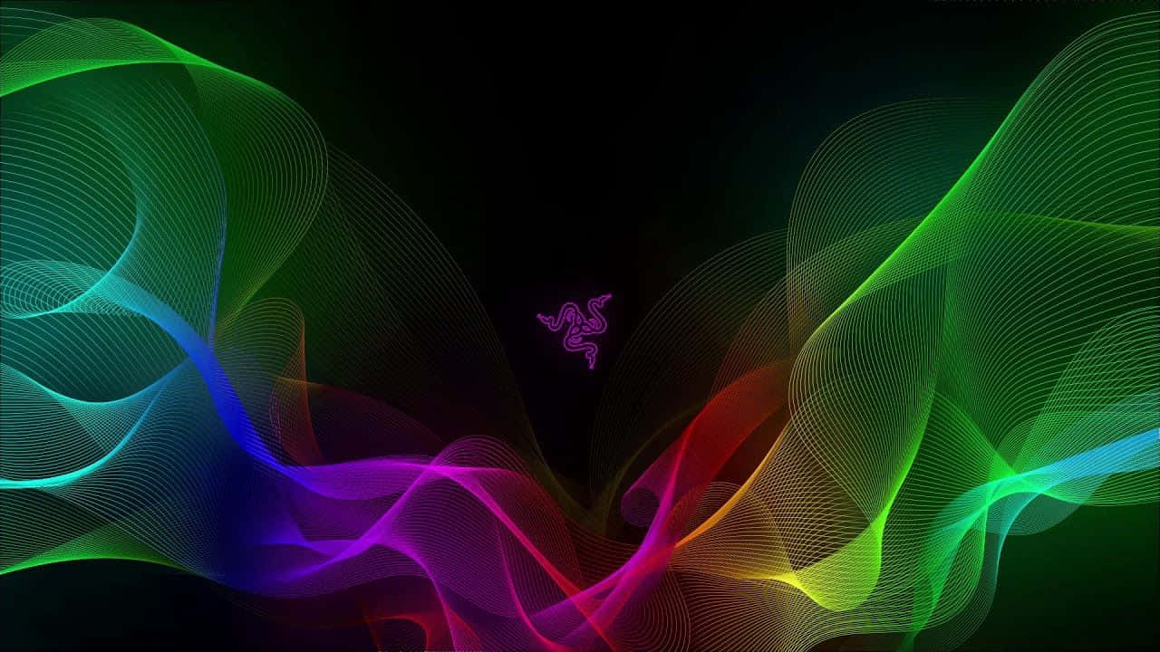 RGB 桌布 壁紙 — 鮮豔的霓虹色流動線條在黑暗背景上動態旋轉，中央有發光的 Razer 標誌。