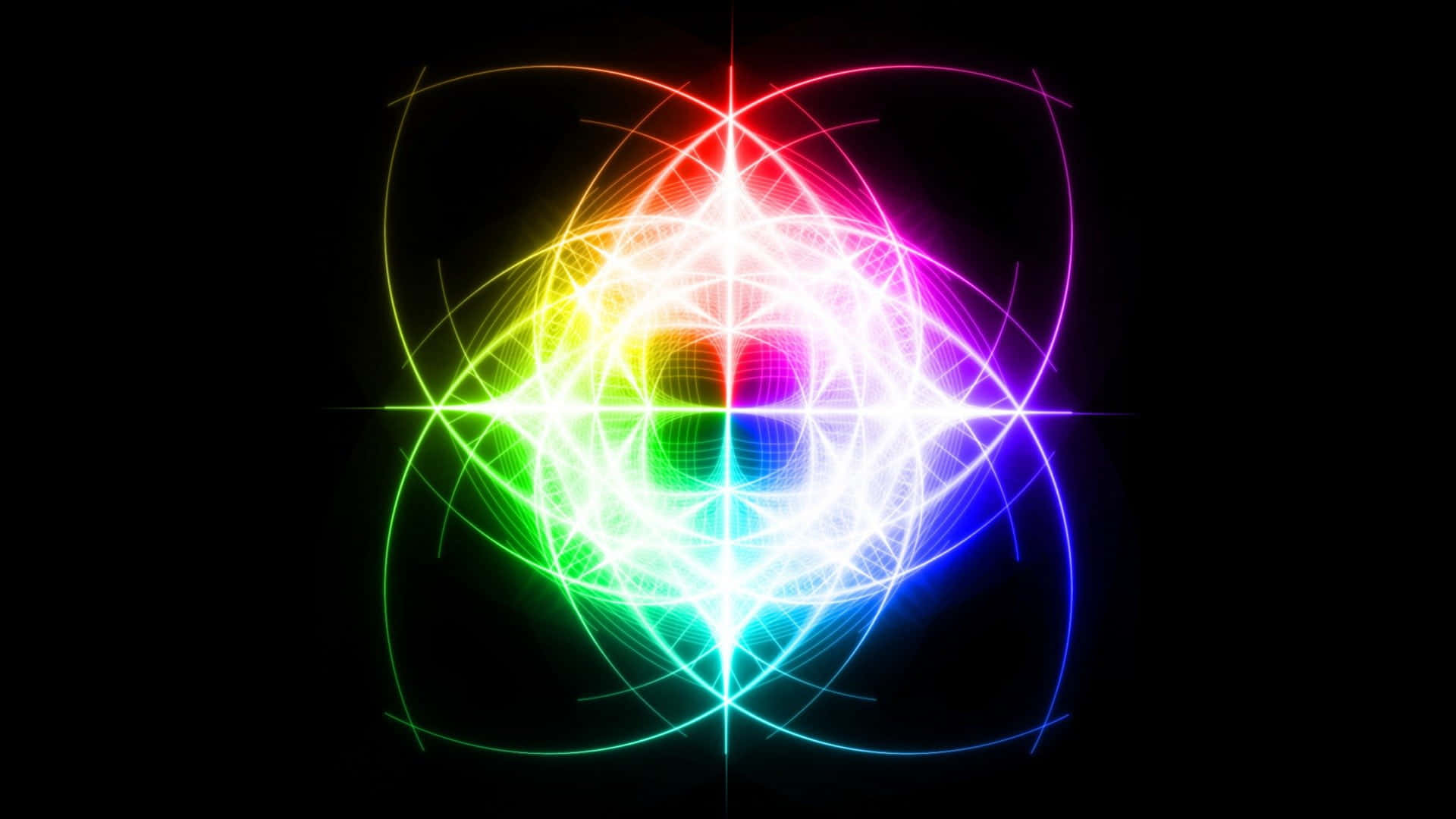 Neon Colors 桌布 壁紙 — 鮮豔的霓虹色碎形圖案從黑色背景的中心點向外輻射，營造出迷人的數位光芒。