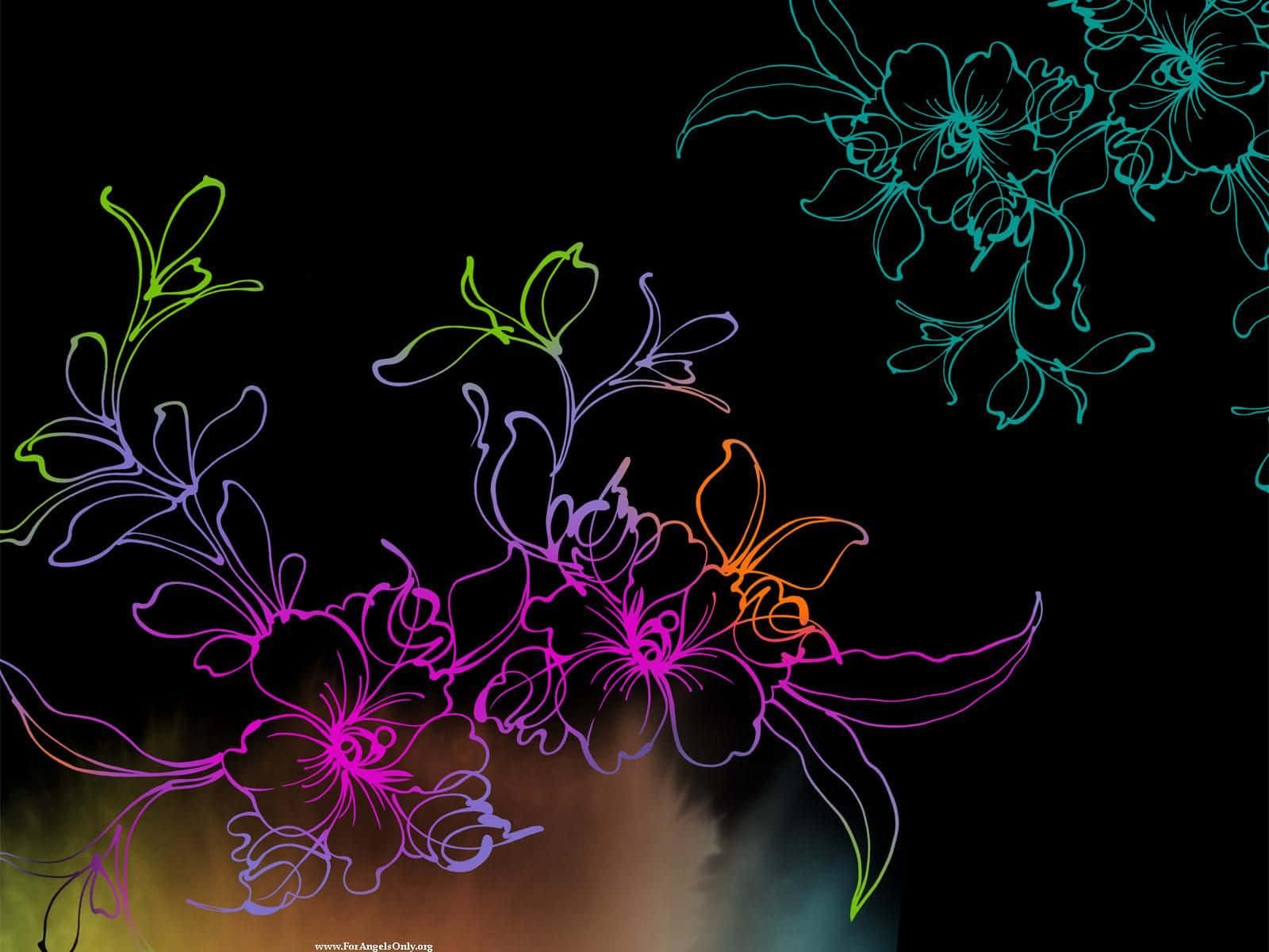 Flower Art 桌布 壁紙 — 鮮豔的霓虹花卉輪廓在黑色背景上發光，底部帶有微妙的漸層污跡。