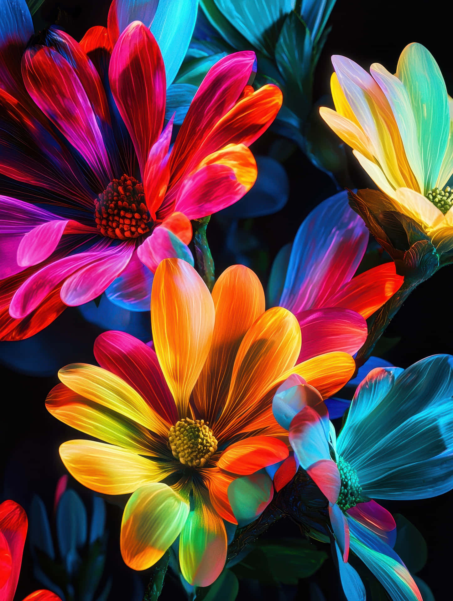 Vibrant Rainbow-Colored Flower Pedals Glowing in the Dark 壁紙 — 鮮豔的霓虹花朵，帶有紅色、橙色、黃色和藍色的發光花瓣，在黑暗背景下綻放。