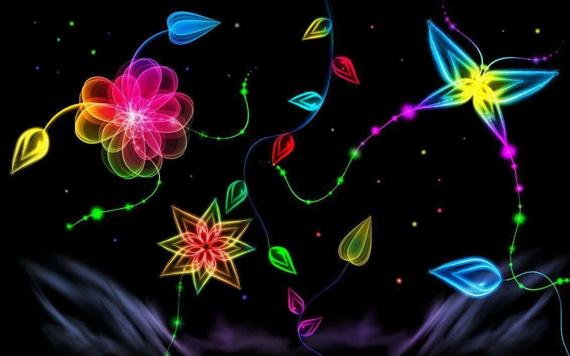 Beautiful Neon 桌布 壁紙 — 鮮豔的霓虹花朵和葉子在黑暗的宇宙背景中發光，並帶有閃爍的粒子。