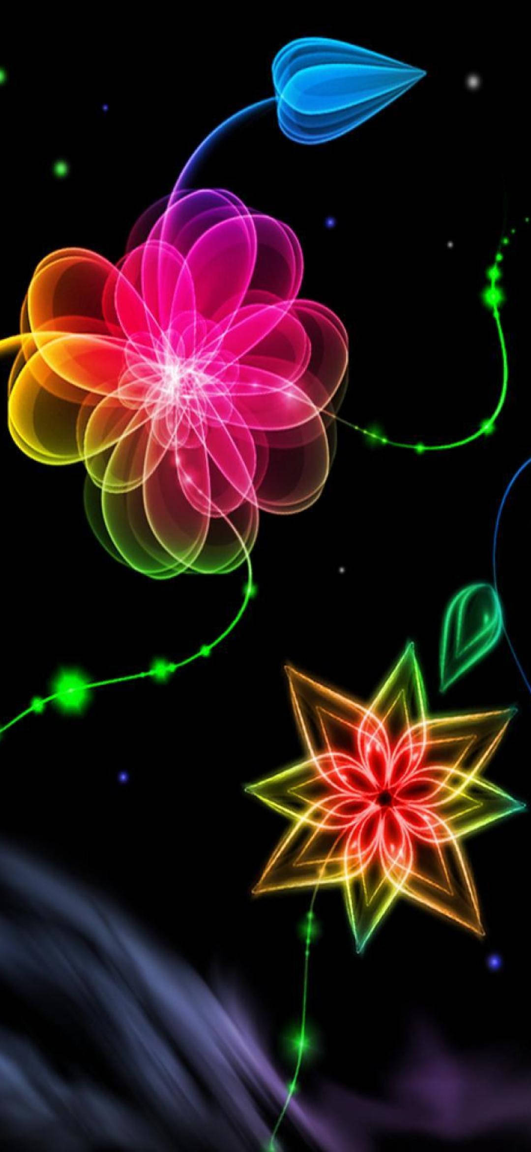 霓虹美學 桌布 壁紙 — 鮮豔的霓虹花朵和葉子在黑暗的宇宙背景下發光，伴隨著旋轉的紫色星雲。