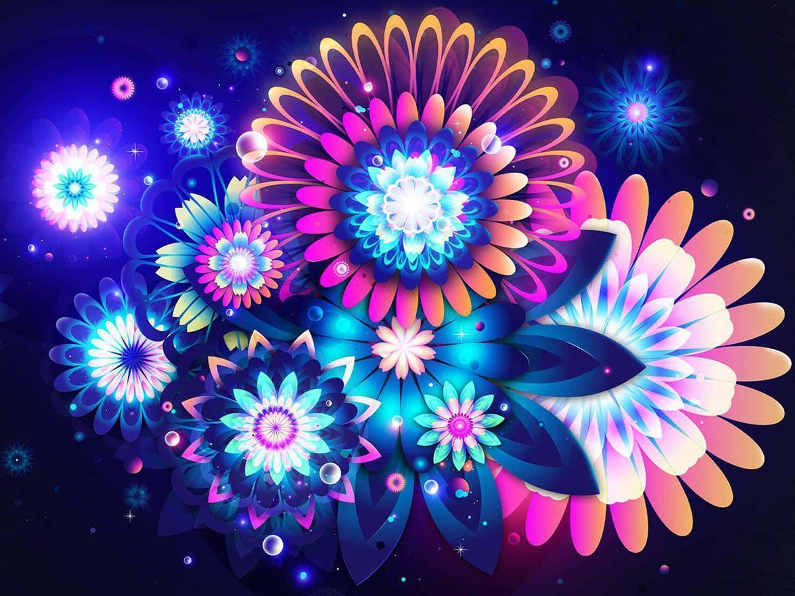 Flowers 桌布 壁紙 — 鮮豔的霓虹花朵在宇宙深藍色背景上綻放，帶有發光粒子和星狀閃光。