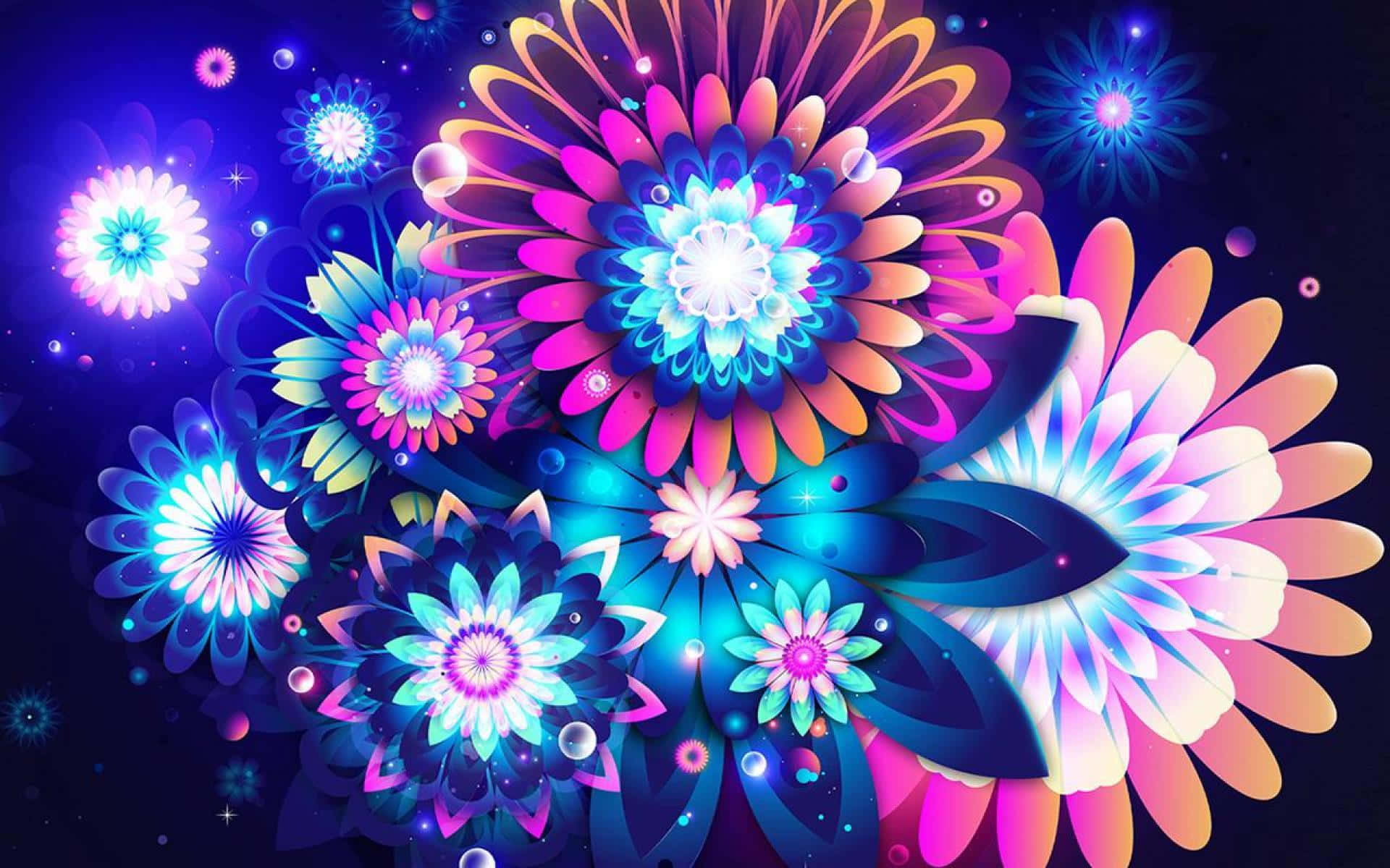 圖形 桌布 壁紙 — 鮮豔的霓虹花朵在宇宙深藍色背景上綻放，帶有發光粒子和星狀光點。