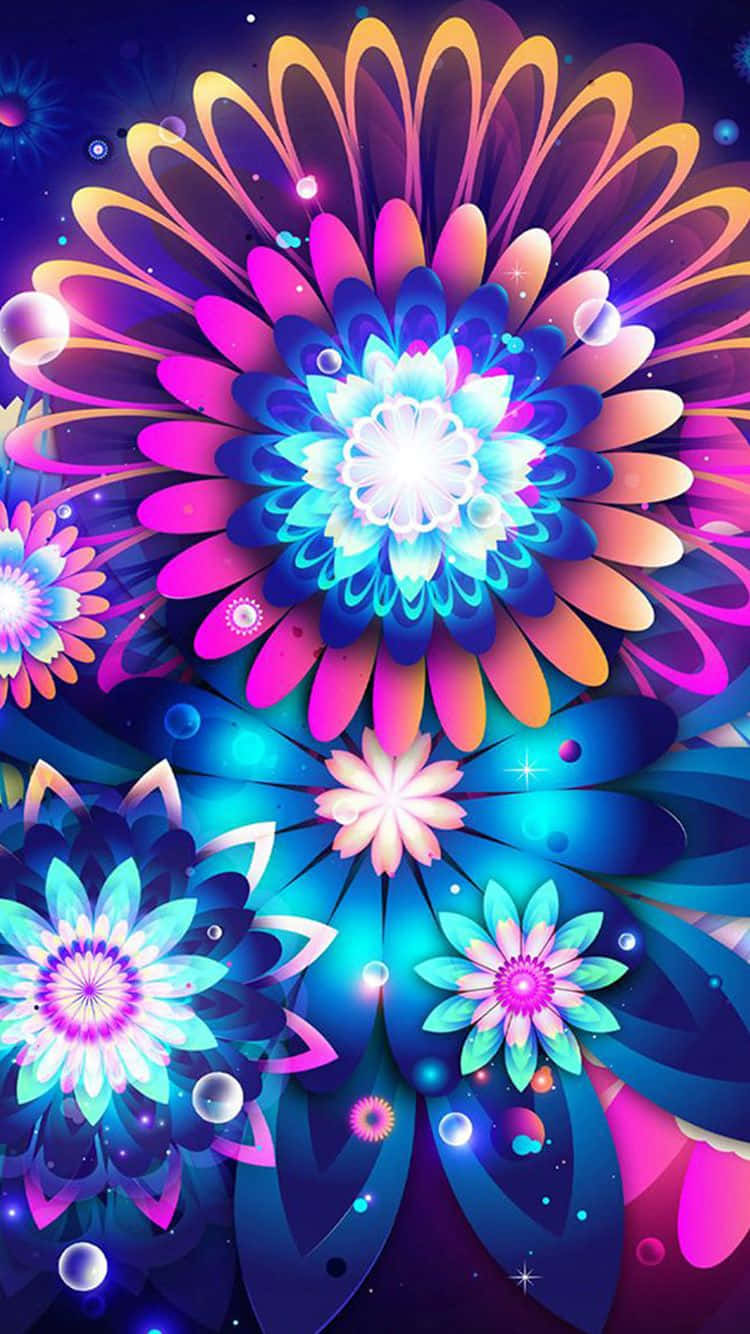 Flowers Aesthetic 桌布 壁紙 — 鮮豔的霓虹花朵在黑暗星空背景下以宇宙色調盛開，帶有發光球體和閃爍光芒。