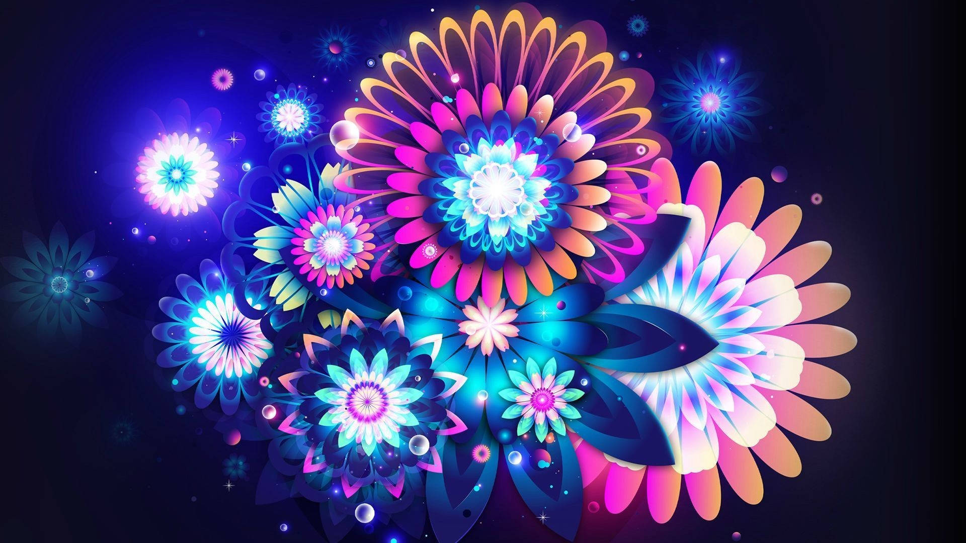 生病 桌布 壁紙 — 鮮豔的霓虹花朵在黑暗的宇宙背景中綻放，帶有發光粒子和星爆效果。