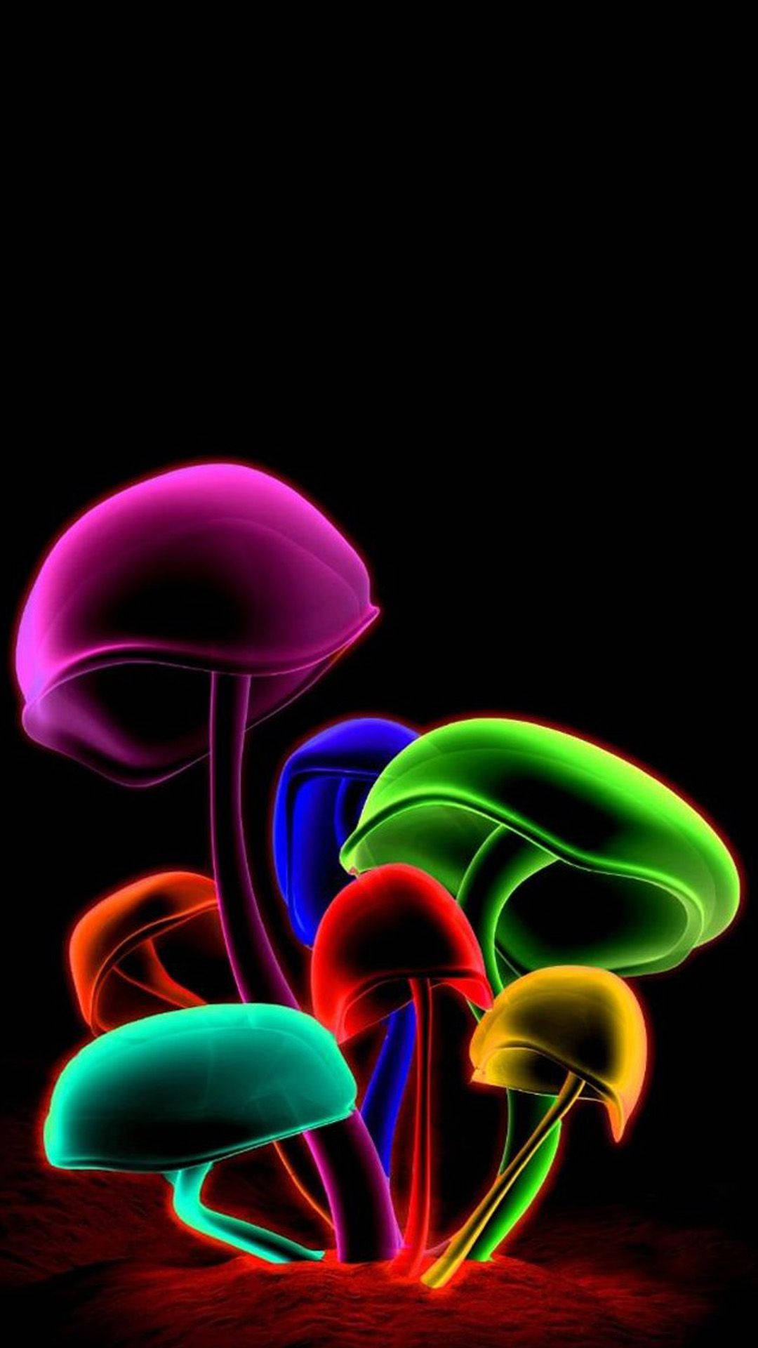 3D iPhone 壁紙 桌布 壁紙 — 鮮豔的霓虹蘑菇在漆黑的背景下散發出鮮豔的色彩，營造出超現實的發光效果。