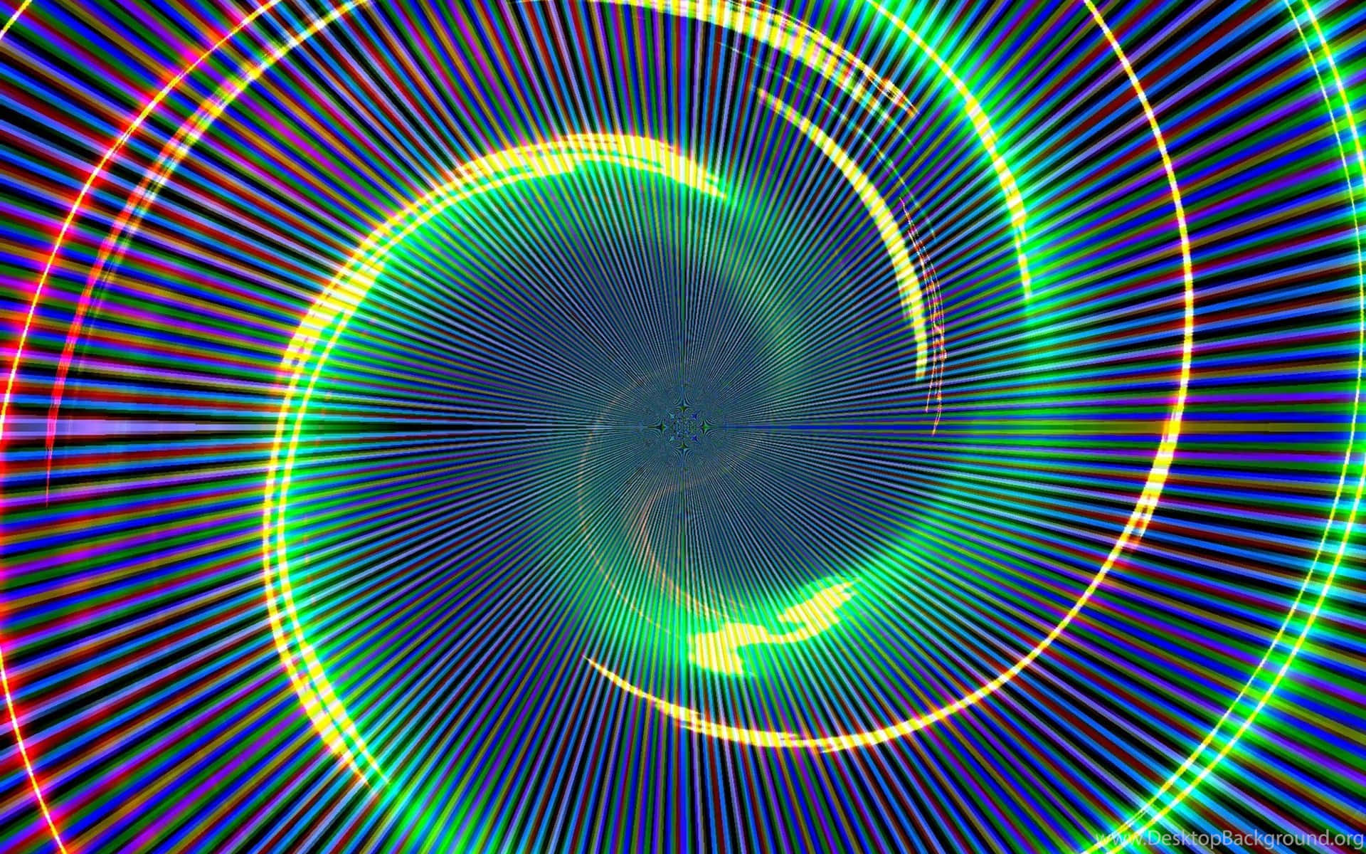 Psychedelic Neon Lights 桌布 壁紙 — 鮮豔的霓虹螺旋從黑暗中心向外輻射，帶有發光的綠色、黃色和紫色條紋，形成催眠般的數位漩渦。