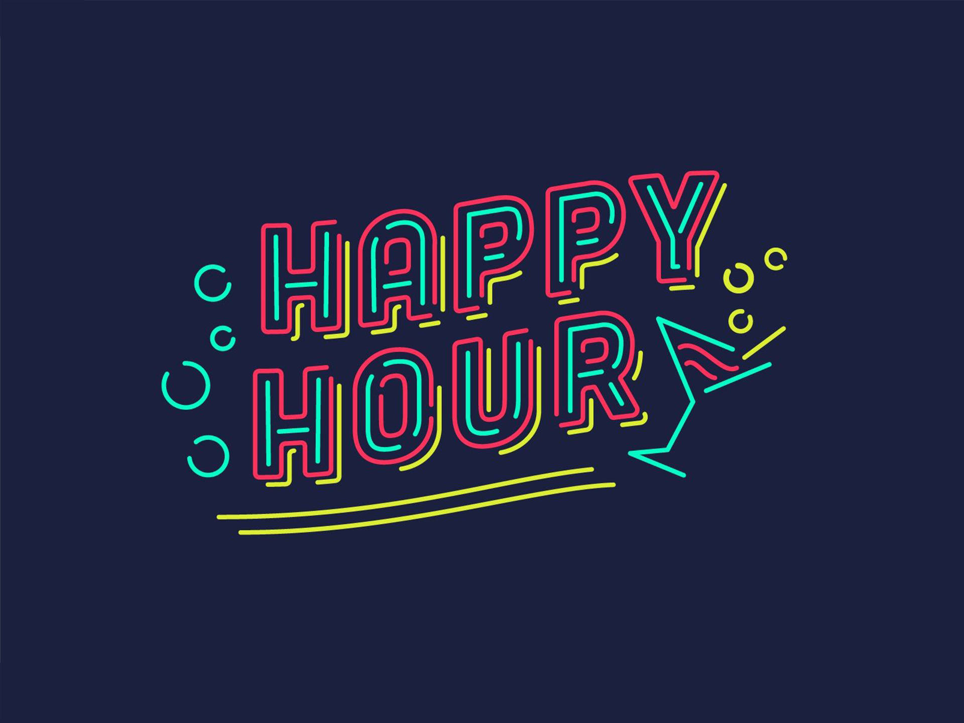 Hour 桌布 壁紙 — 鮮豔的霓虹輪廓文字顯示「HAPPY HOUR」，並在深藍色背景上配有雞尾酒杯和氣泡。