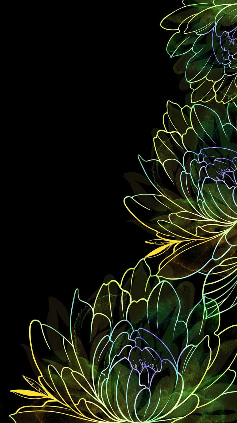 iPhone Flowers 桌布 壁紙 — 鮮豔的霓虹輪廓花朵在漆黑的背景上發光，呈現發光的數位藝術風格。