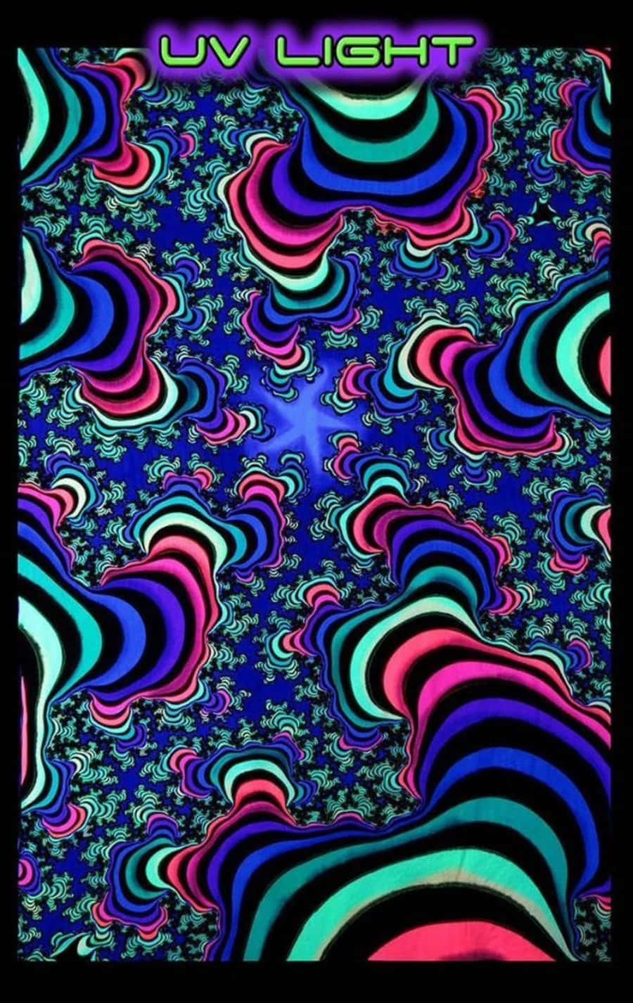 Light 桌布 壁紙 — 鮮豔的霓虹迷幻圖案在模擬紫外光下於深藍色背景上形成催眠般的波浪漩渦。