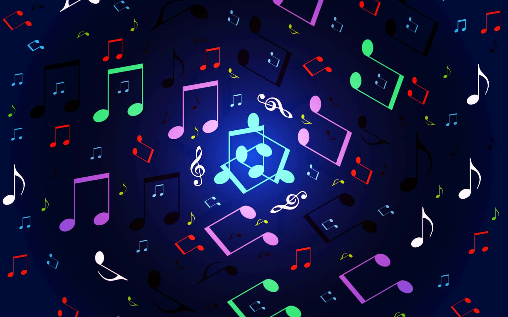 Music Notes 桌布 壁紙 — 鮮豔的霓虹音樂符號和標誌在深藍色宇宙背景上動態漂浮。