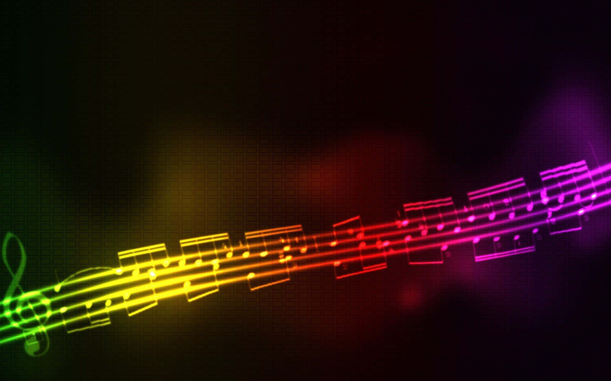 酷炫音樂 桌布 壁紙 — 鮮豔的霓虹音樂符號在深色漸變背景上以彩虹光譜劃過。