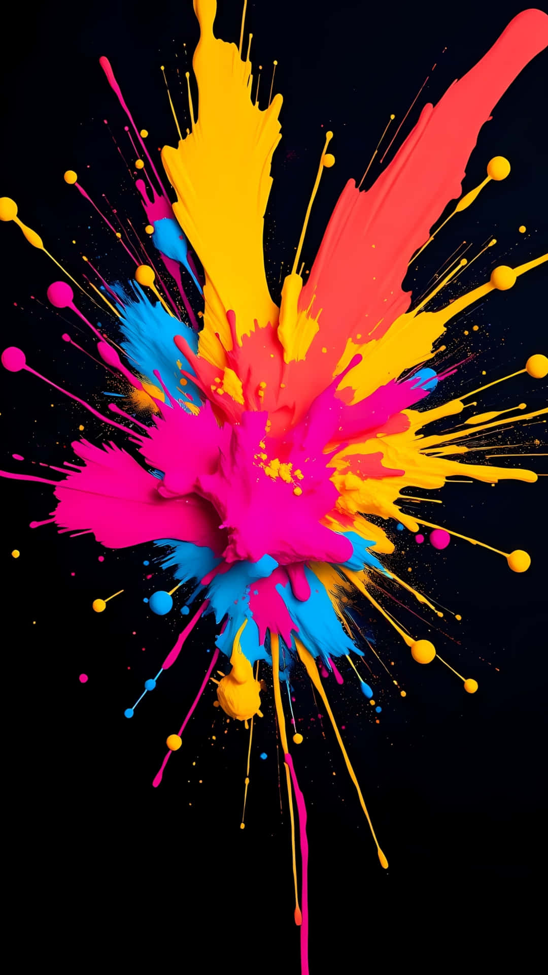 Vibrant Paint Splash Explosion on Black Background 壁紙 — 鮮豔的霓虹顏料飛濺從中心爆發向外擴散，背景為純黑色。