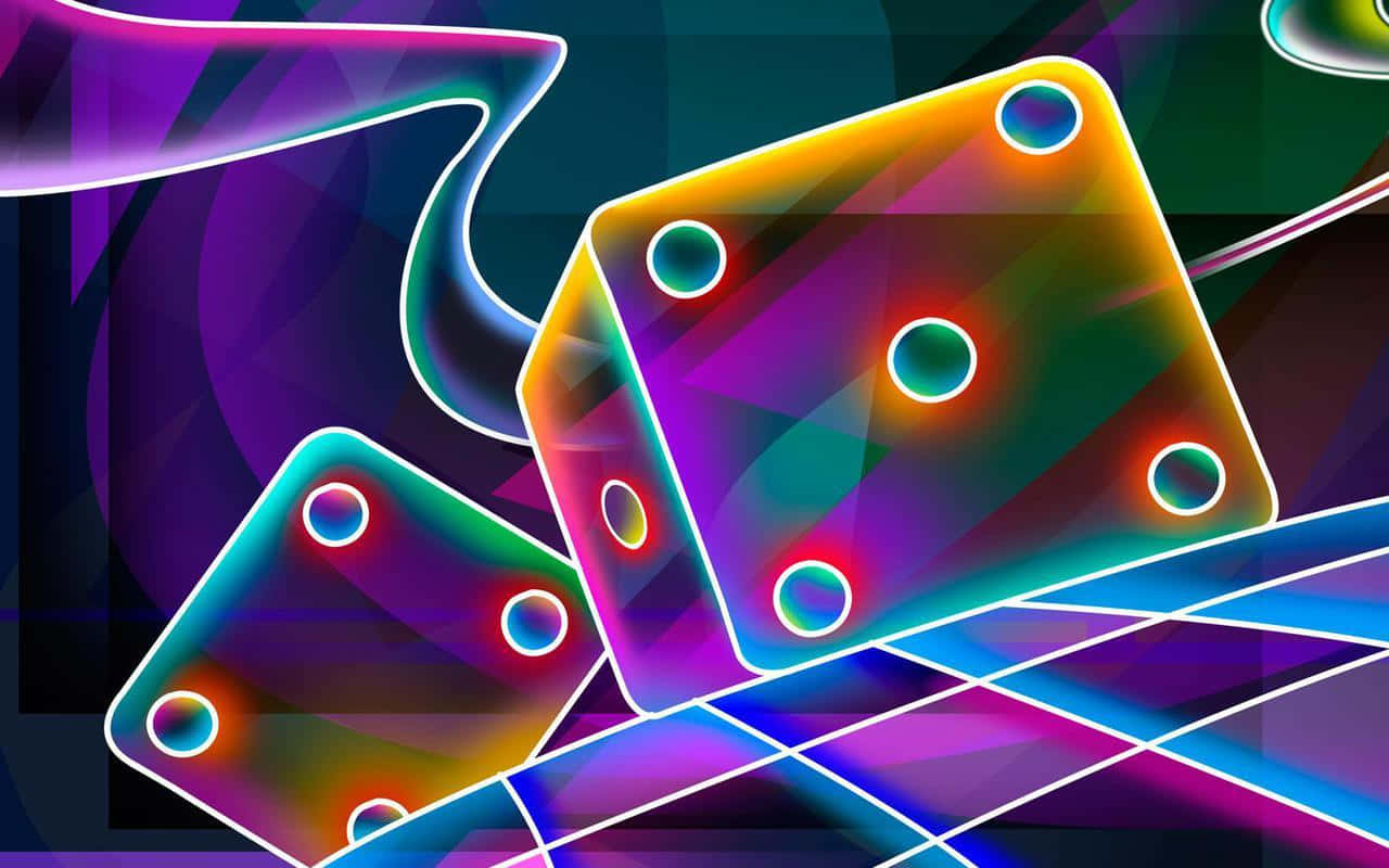 Cool Abstract 桌布 壁紙 — 鮮豔的霓虹骰子帶有發光邊緣，漂浮在帶有抽象光線條紋的深色漸變背景上。