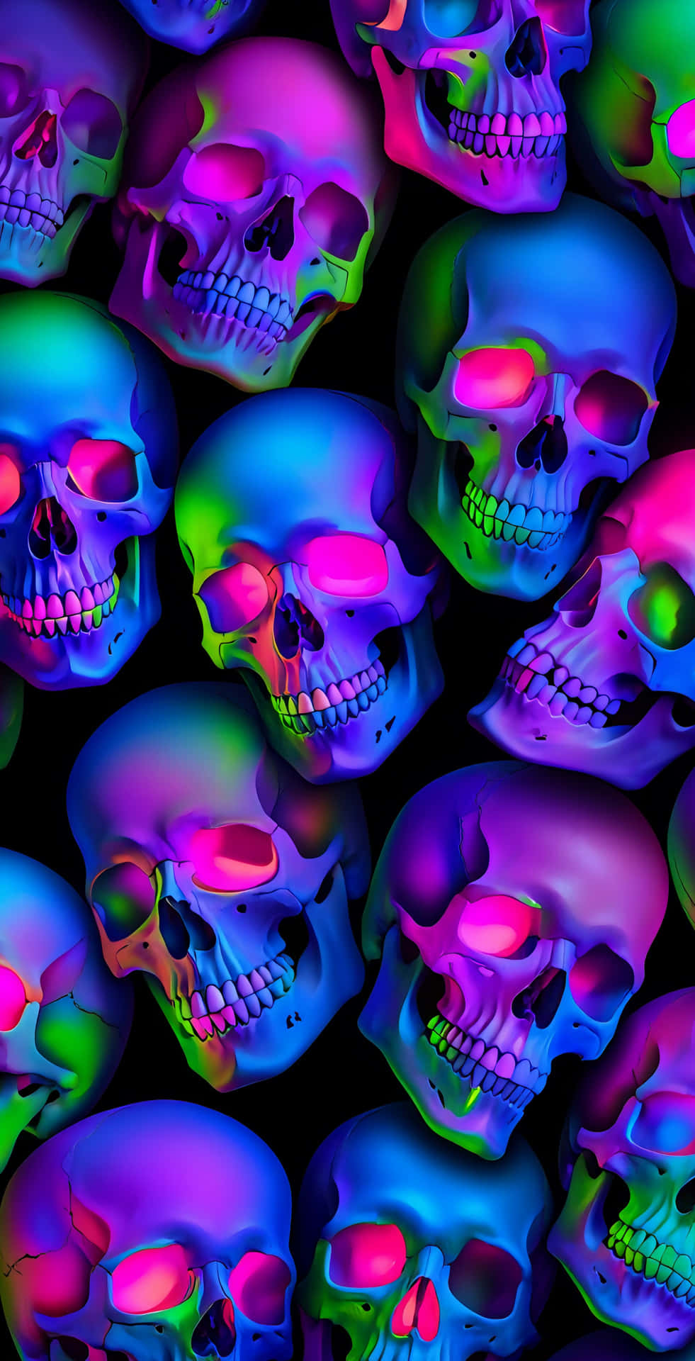 A dynamic composition of multiple neon-colored skulls stacked on top of each other, glowing in elect 壁紙 — 鮮豔的霓虹骷髏在純黑背景上散發著電光粉紅、藍色和綠色的光芒。