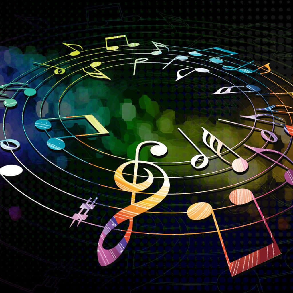 Musical 桌布 壁紙 — 鮮豔的音樂音符和符號在黑暗的數位背景中圍繞著發光的綠色行星運行。