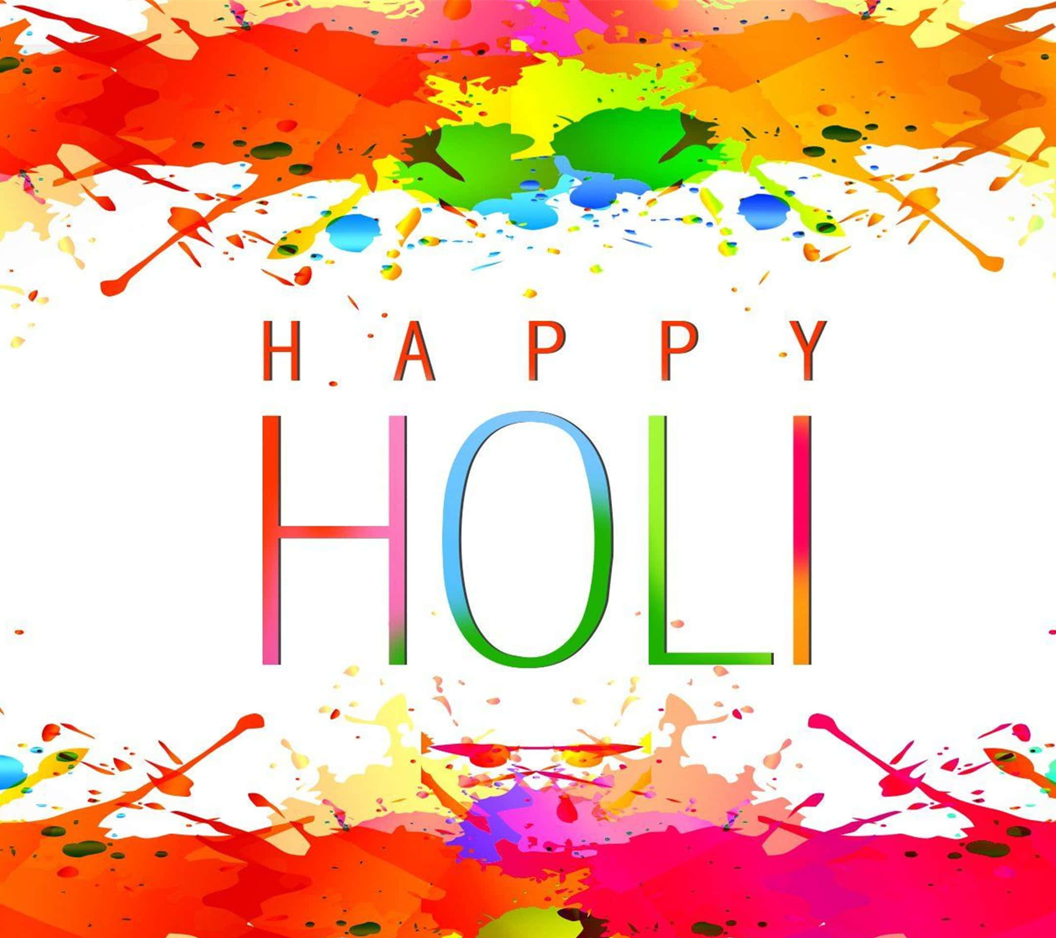 Holi 桌布 壁紙 — 鮮豔的顏料飛濺圍繞著白色背景上的彩色文字「HAPPY HOLI」。
