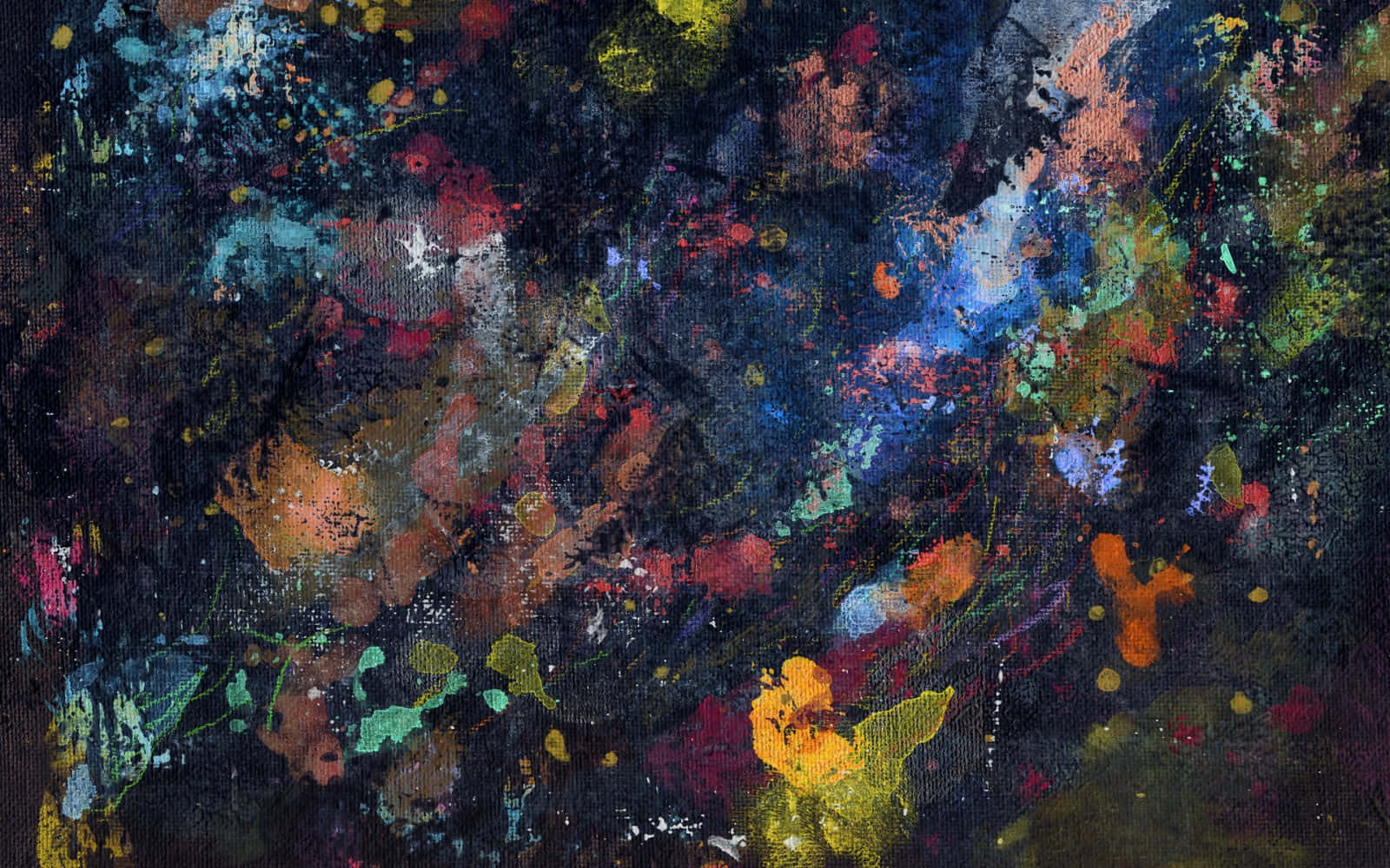 Painting 桌布 壁紙 — 鮮豔的顏料飛濺在深色紋理畫布上爆炸開來，形成混亂的抽象表現。