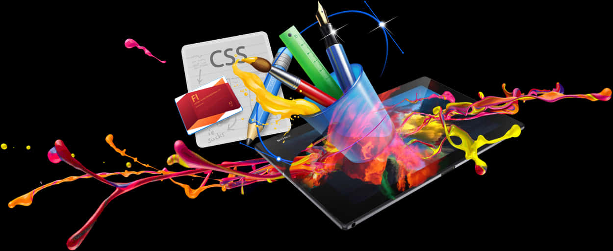 Graphics Design 桌布 壁紙 — 鮮豔的顏料飛濺從平板電腦中爆發出來，周圍環繞著設計工具，如筆、尺子和代碼卡，背景為黑色。