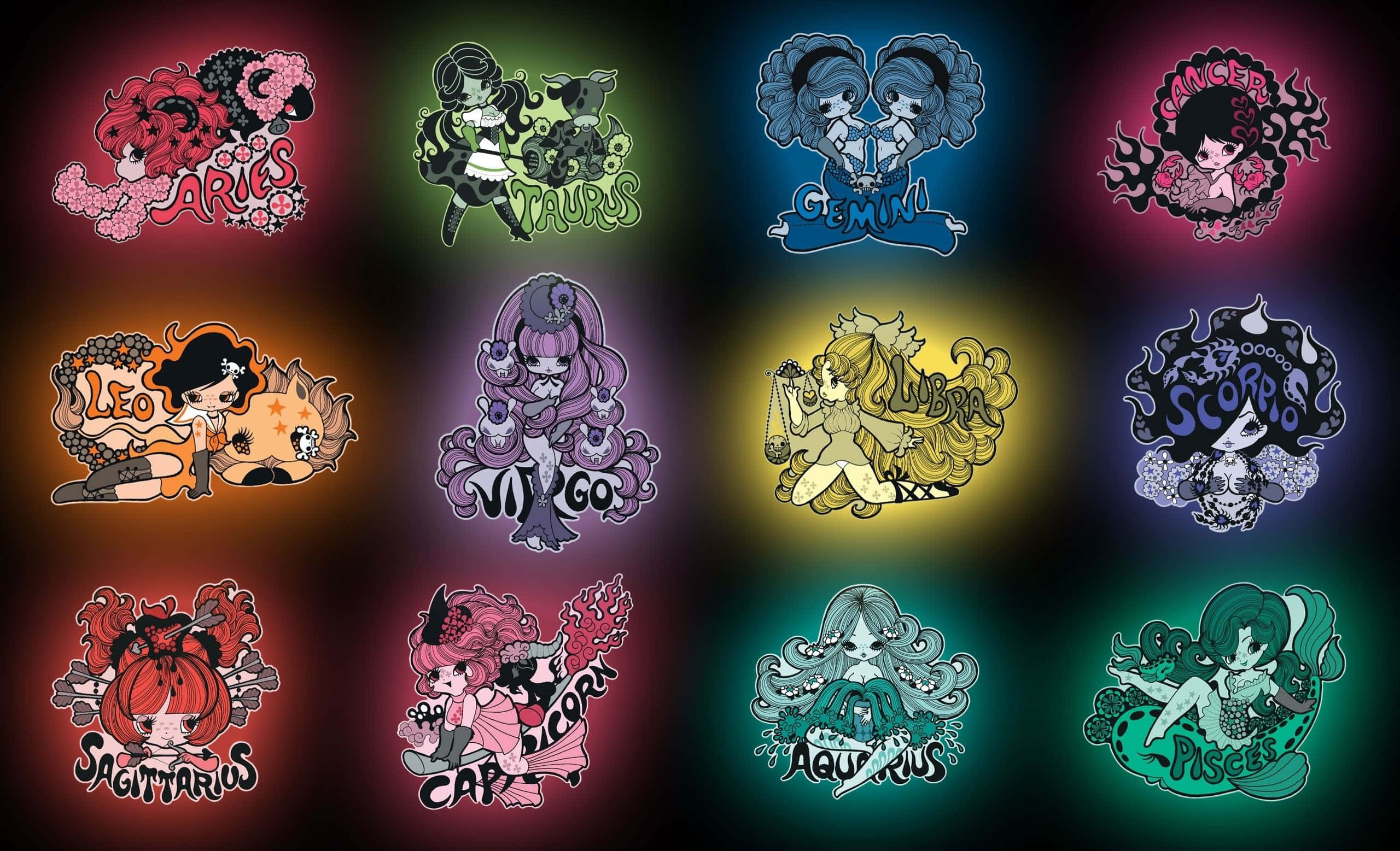 zodiac 桌布 壁紙 — 鮮豔的風格化星座角色在黑暗背景上發光，每個代表不同的星座，具有獨特的配色方案和主題設計。