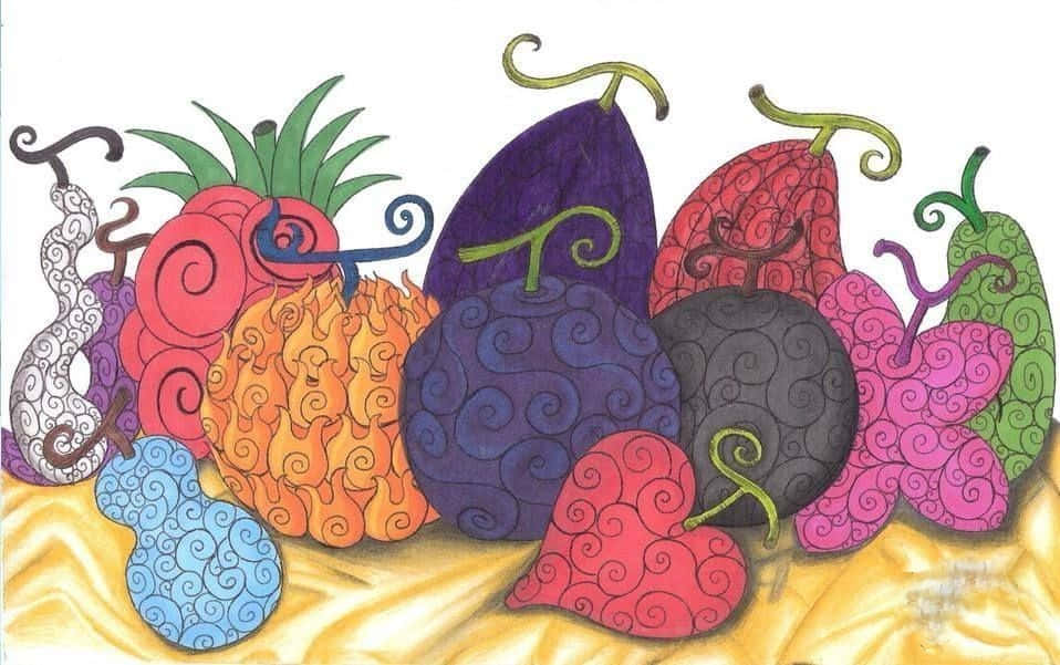 Devil Fruit 桌布 壁紙 — 鮮豔的風格化水果帶有漩渦圖案，放置在白色背景的金色布料上。