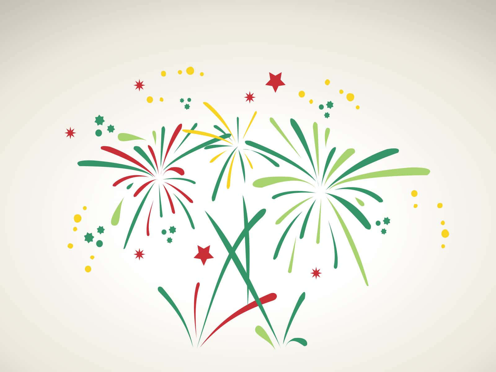 Fireworks 桌布 壁紙 — 鮮豔的風格化煙火以紅色、綠色和黃色在柔和的奶油色背景上綻放，散落著星星和圓點。