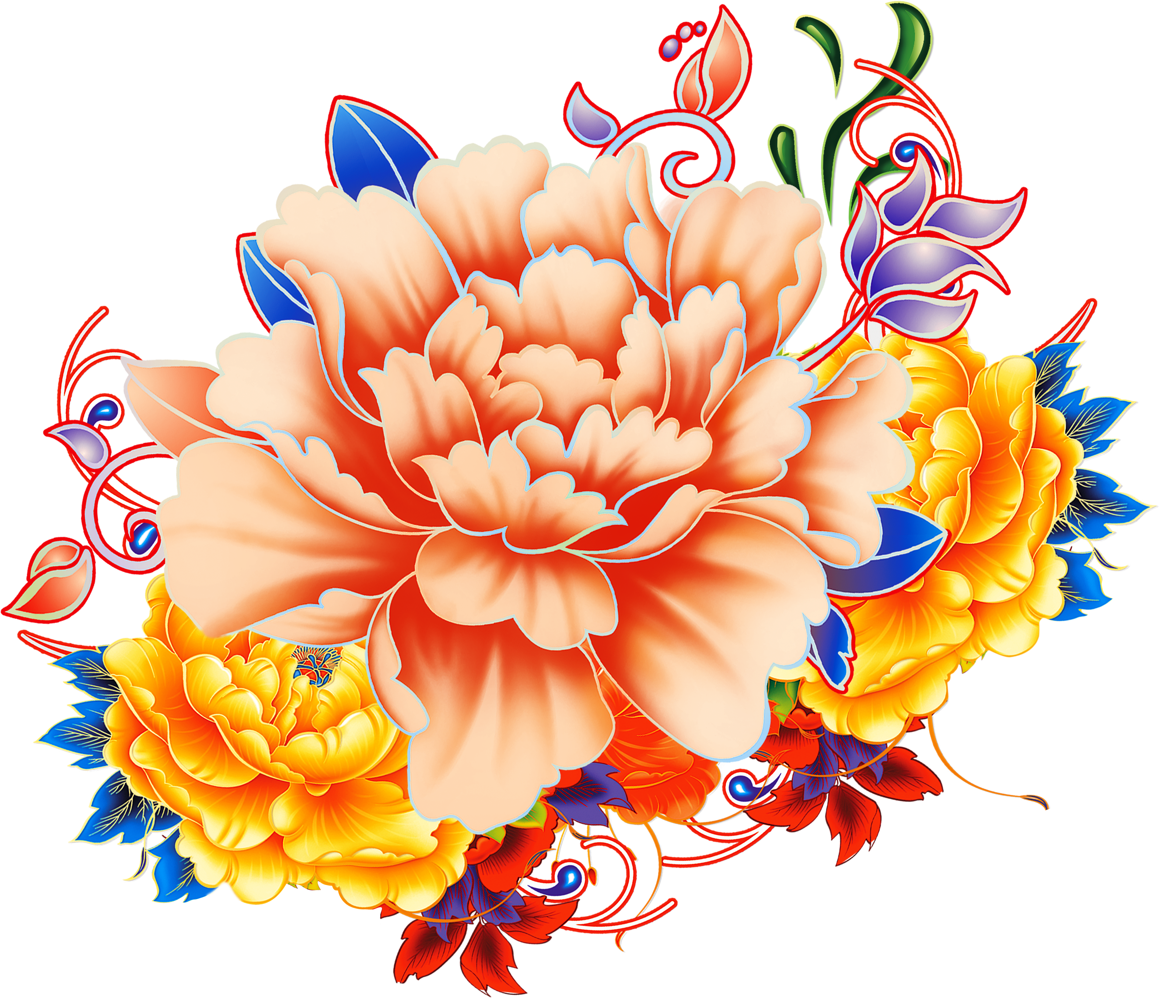 Peony 桌布 壁紙 — 鮮豔的風格化牡丹花以蜜桃色和黃色為主，搭配藍色點綴，在純黑背景上盛開。