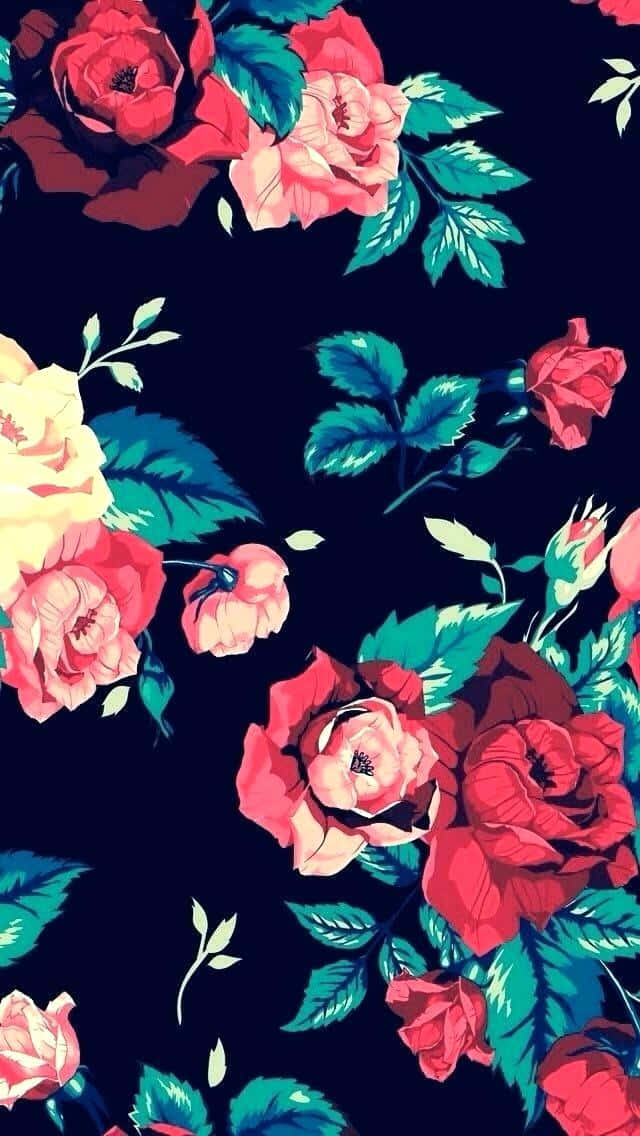 Cool Rose 桌布 壁紙 — 鮮豔的風格化玫瑰和葉子在深海軍藍背景上以大膽的圖案綻放。