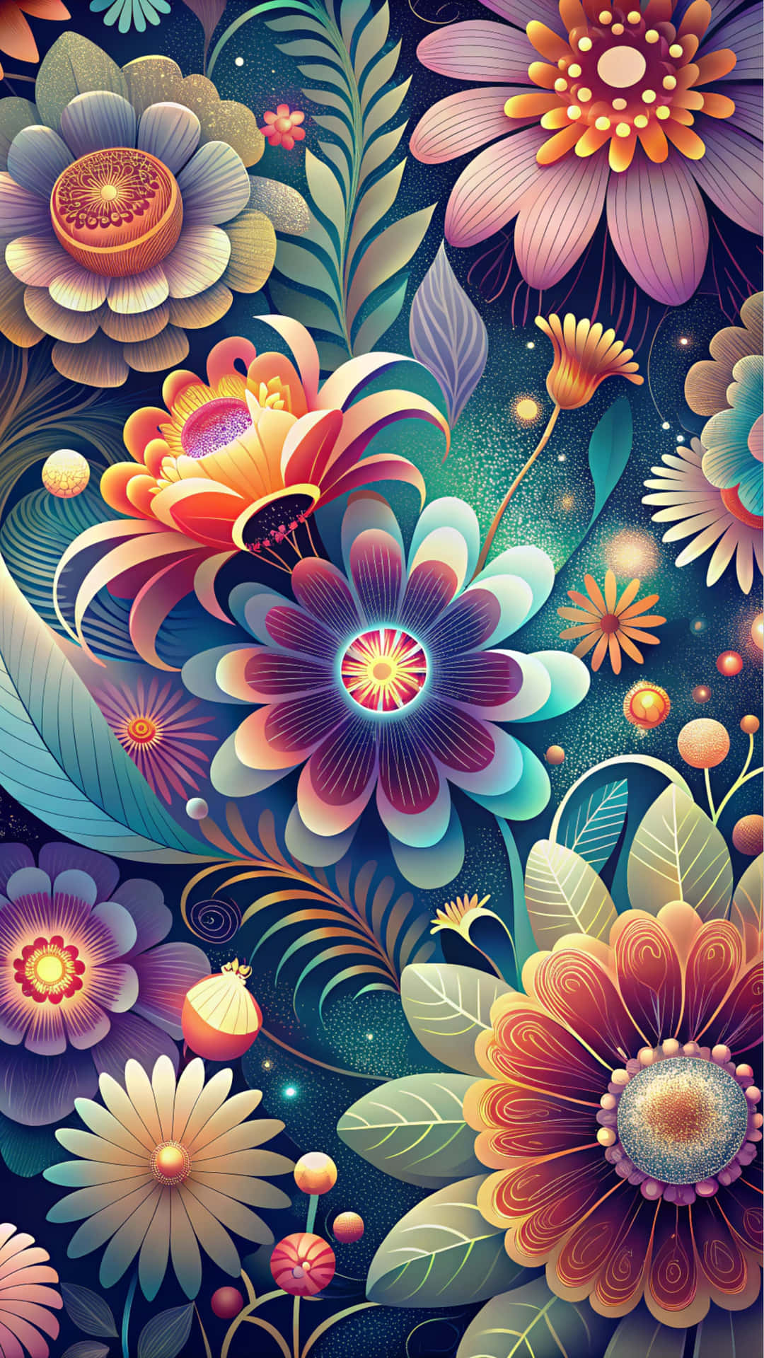 Flower pattern 壁紙 — 鮮豔的風格化花朵，帶有發光的花心，在點綴著星星的深青色宇宙背景中綻放。
