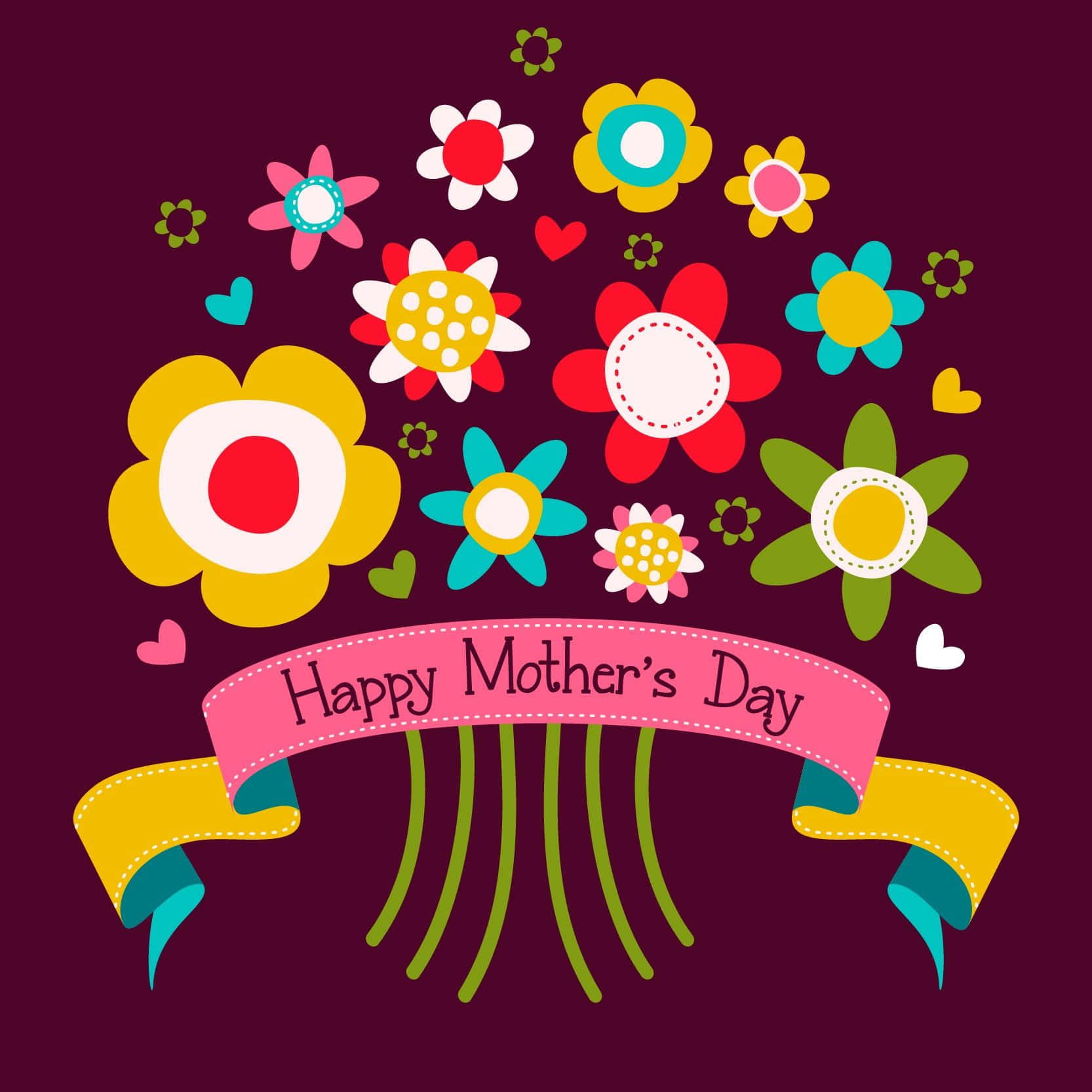 happy mother's day 桌布 壁紙 — 鮮豔的風格化花朵和心形在粉紅色絲帶上方綻放，絲帶上寫著 Happy Mother's Day，背景為深紫色。