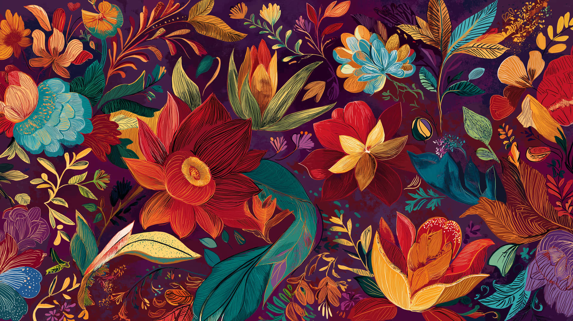 Dynamic Abstract Art with Moroccan and Mughal Inspired Patterns 壁紙 — 鮮豔的風格化花朵和葉子，以豐富的紅色、金色、藍綠色和紫色，在深紫色背景上密集綻放。
