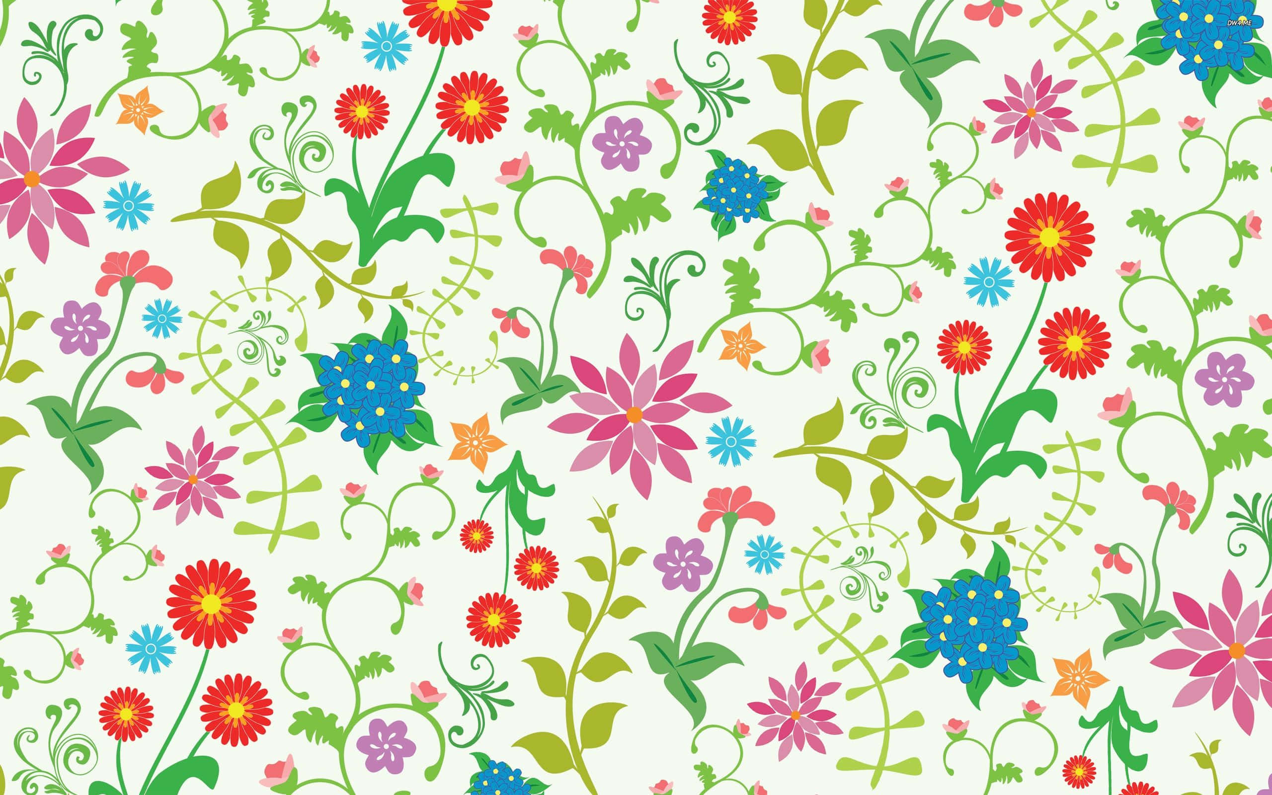 Floral Pattern 桌布 壁紙 — 鮮豔的風格化花朵和藤蔓以紅色、粉紅色、藍色和綠色在淺奶油色背景上重複綻放。