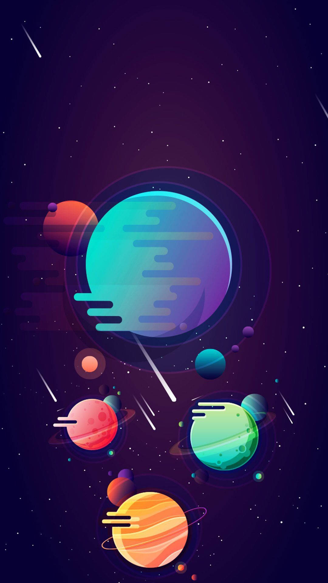 Solar System HD 桌布 壁紙 — 鮮豔的風格化行星帶有發光環，在流星劃過的星空宇宙背景中漂浮。