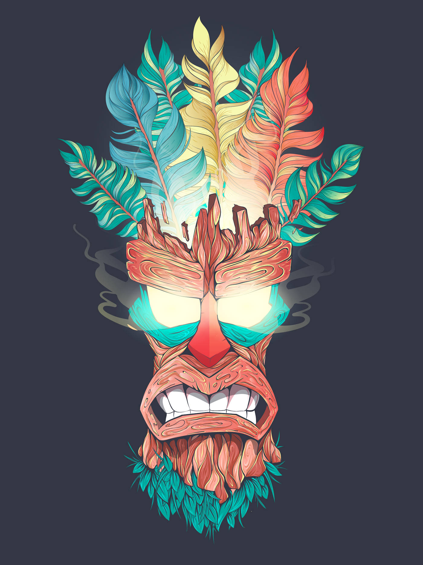 Bandicoot 桌布 壁紙 — 鮮豔的風格化部落面具，帶有彩色羽毛和發光的眼睛，背景為深色。
