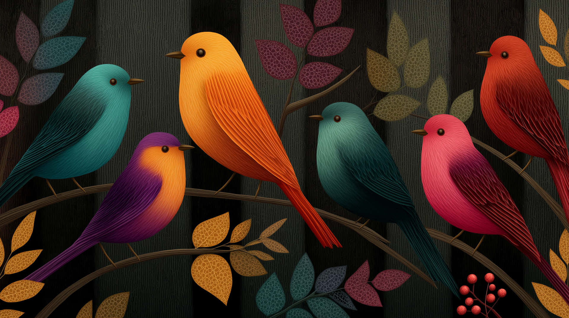 Stylized Birds on Branches with Decorative Foliage 壁紙 — 鮮豔的風格化鳥類，橙色、藍綠色、紫色和粉紅色，棲息在帶有圖案葉子的樹枝上，背景為深色紋理。