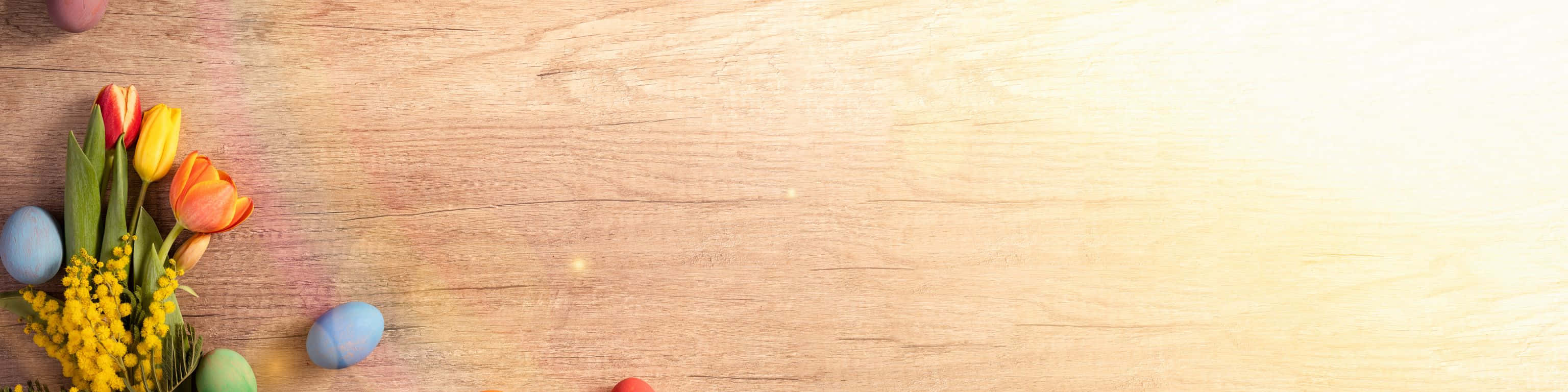 3072x768 桌布 壁紙 — 鮮豔的鬱金香和粉彩雞蛋放在溫暖的木質表面上，沐浴在金色的陽光中。