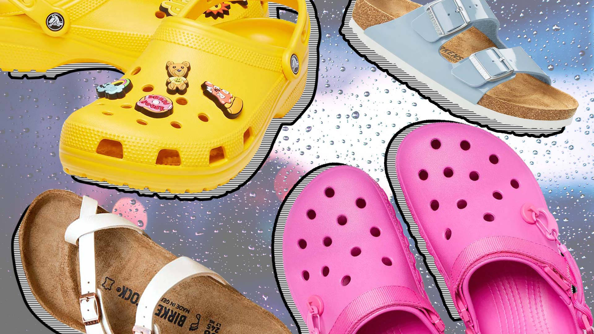 Crocs 桌布 壁紙 — 鮮豔的黃色、粉紅色和藍色涼鞋漂浮在閃閃發光的水滴背景上。